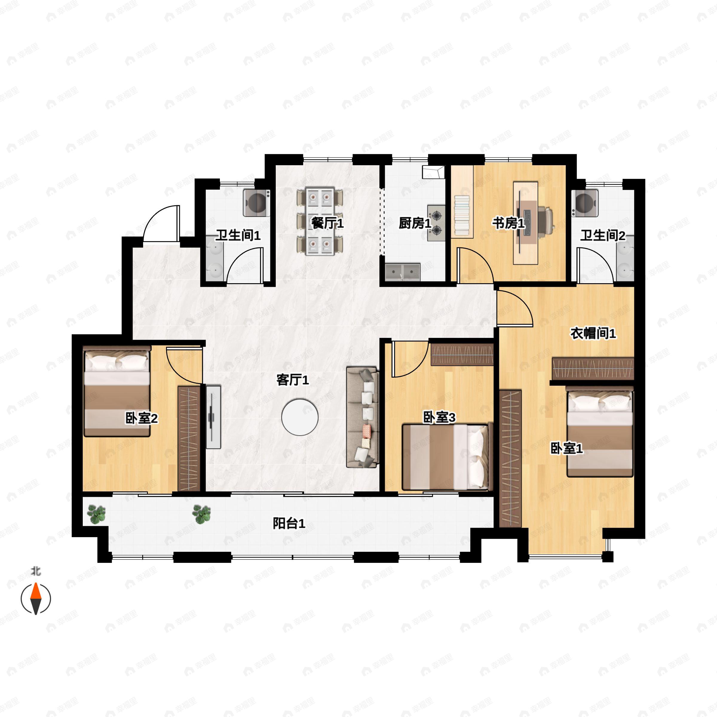4室2厅2卫建面142平北|南户型图