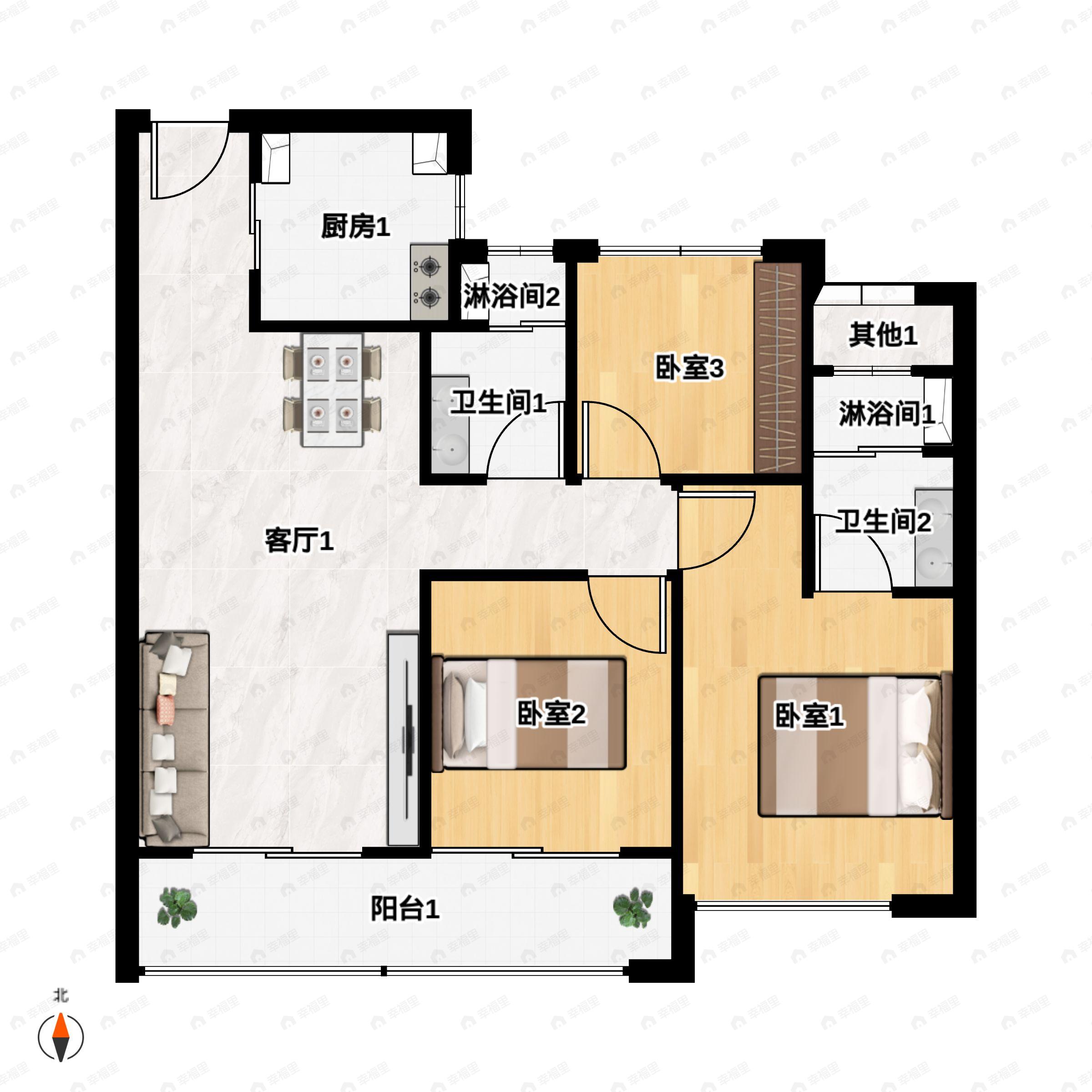 3室2厅2卫建面89平户型图