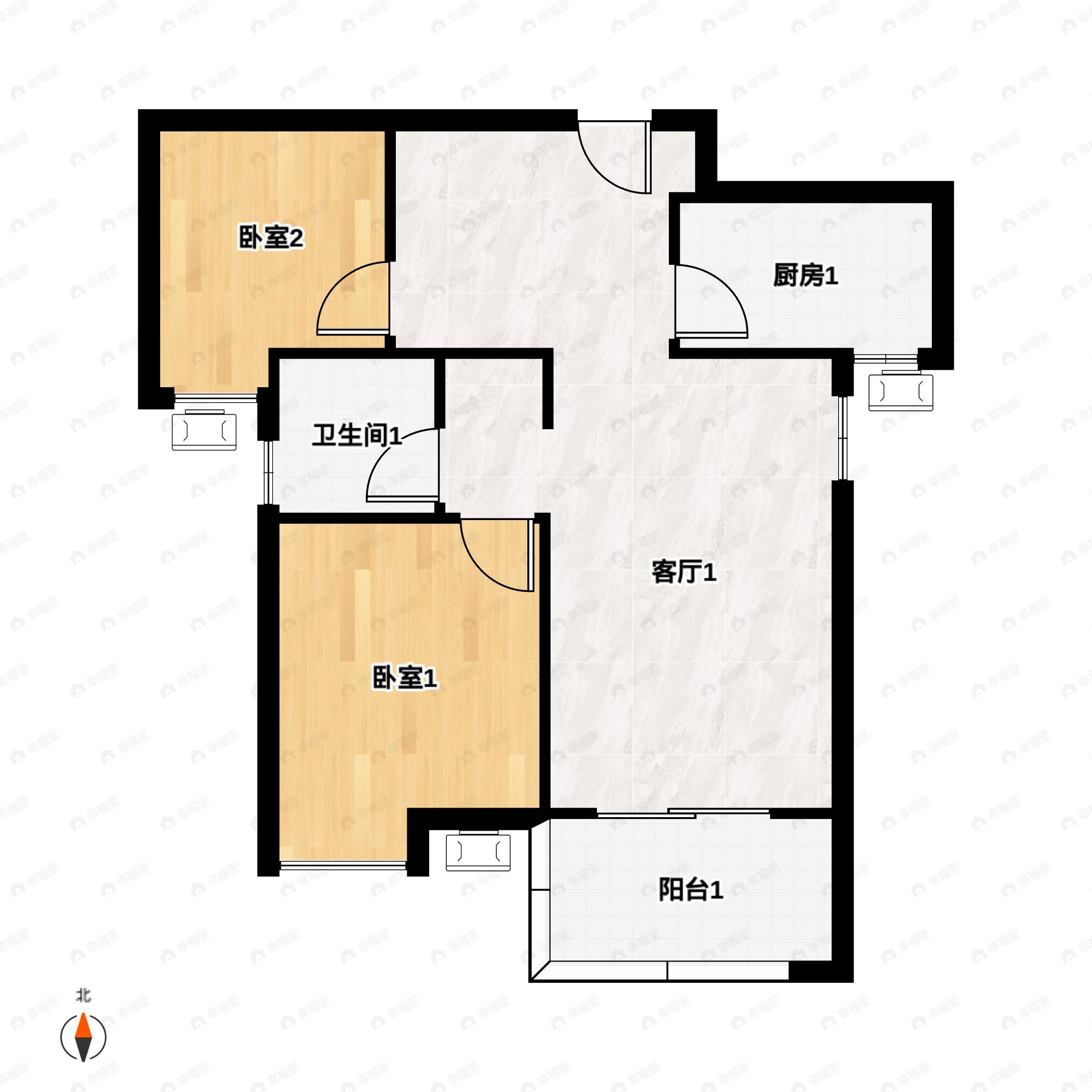 2室2厅1卫建面87m²南户型图