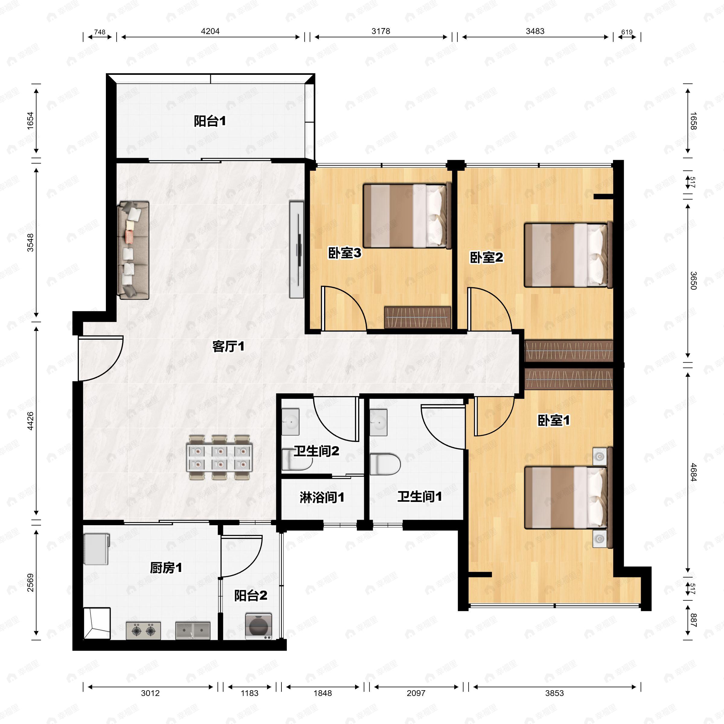 3室2厅2卫建面88平户型图