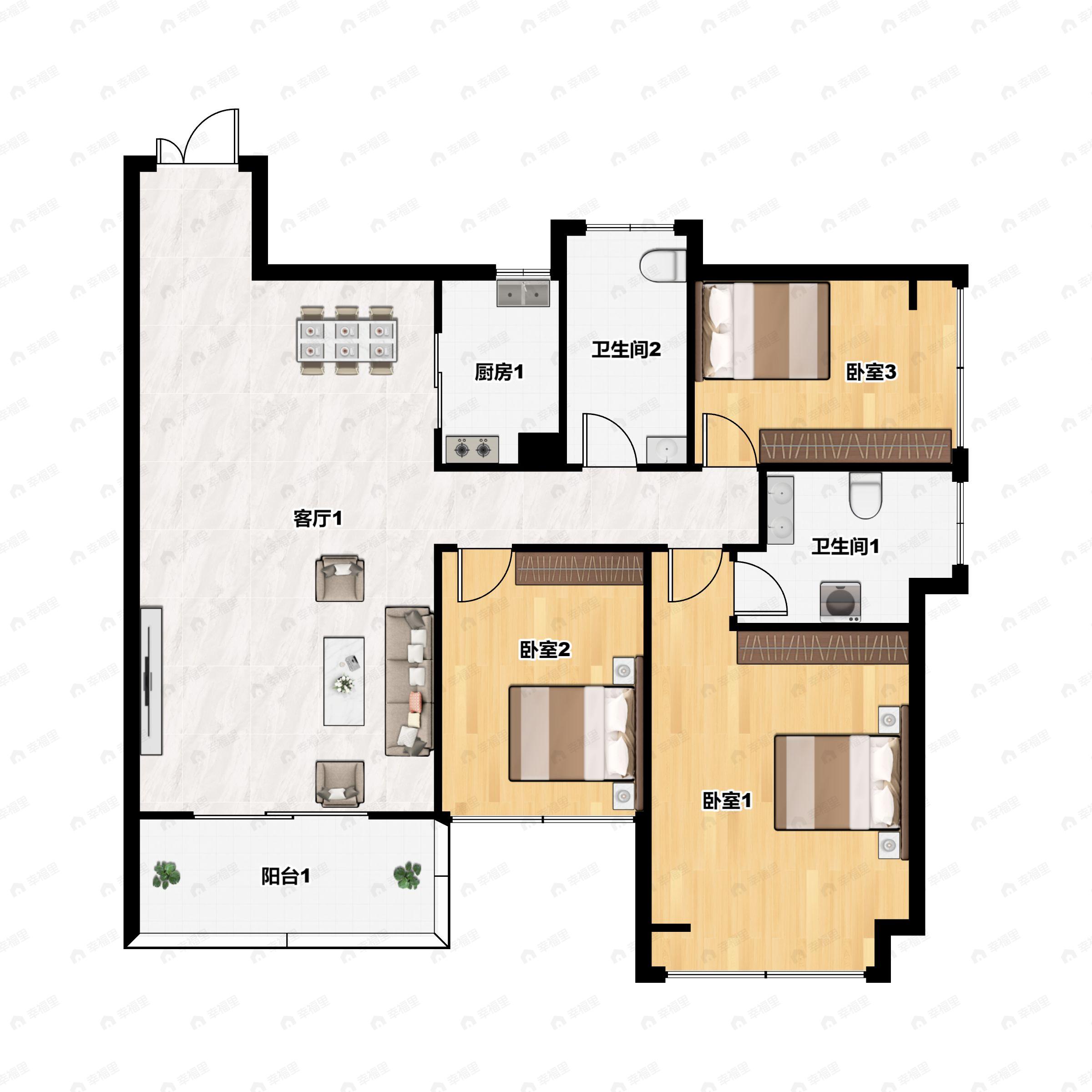3室2厅2卫建面119m²东南户型图