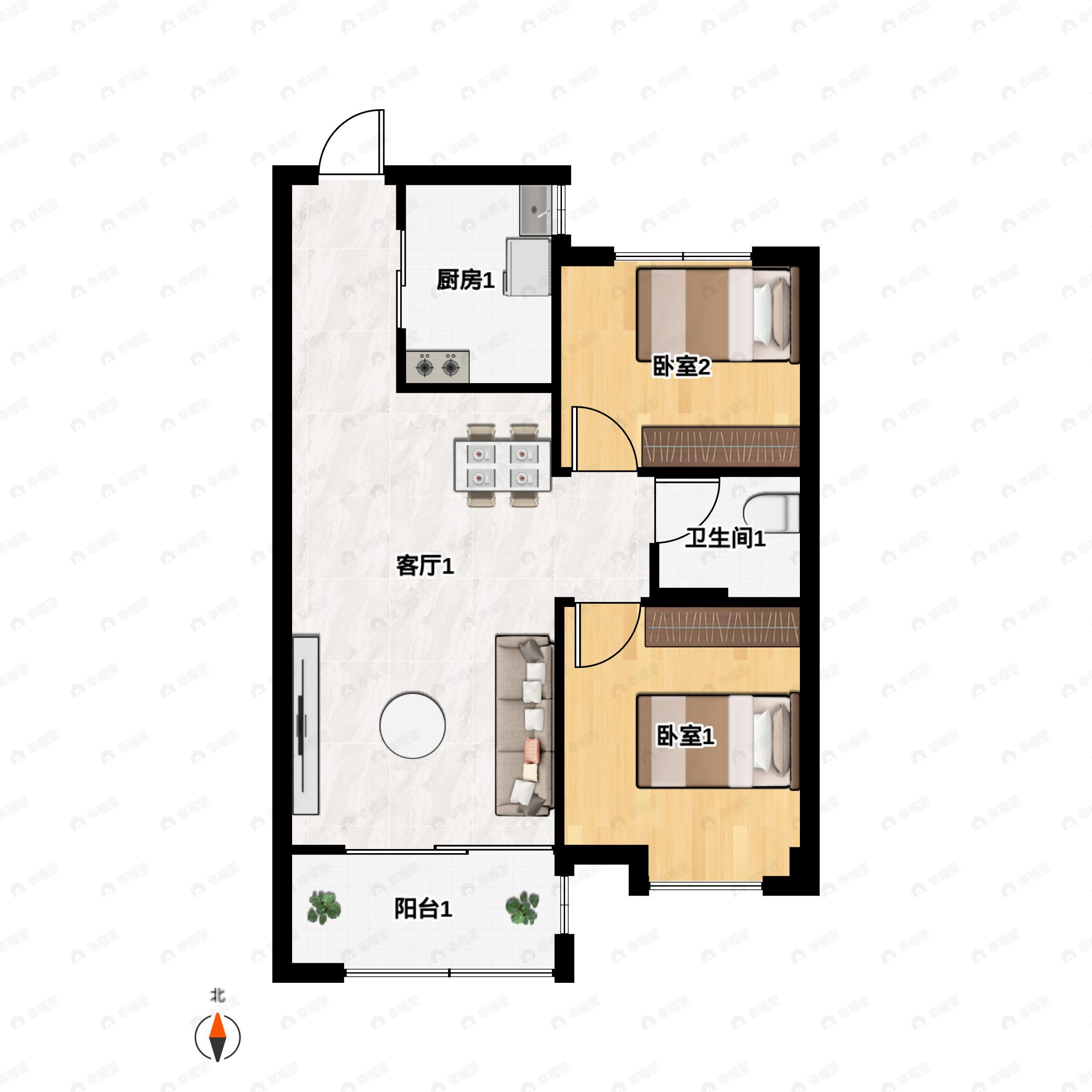 2室2厅1卫建面84平南|北户型图