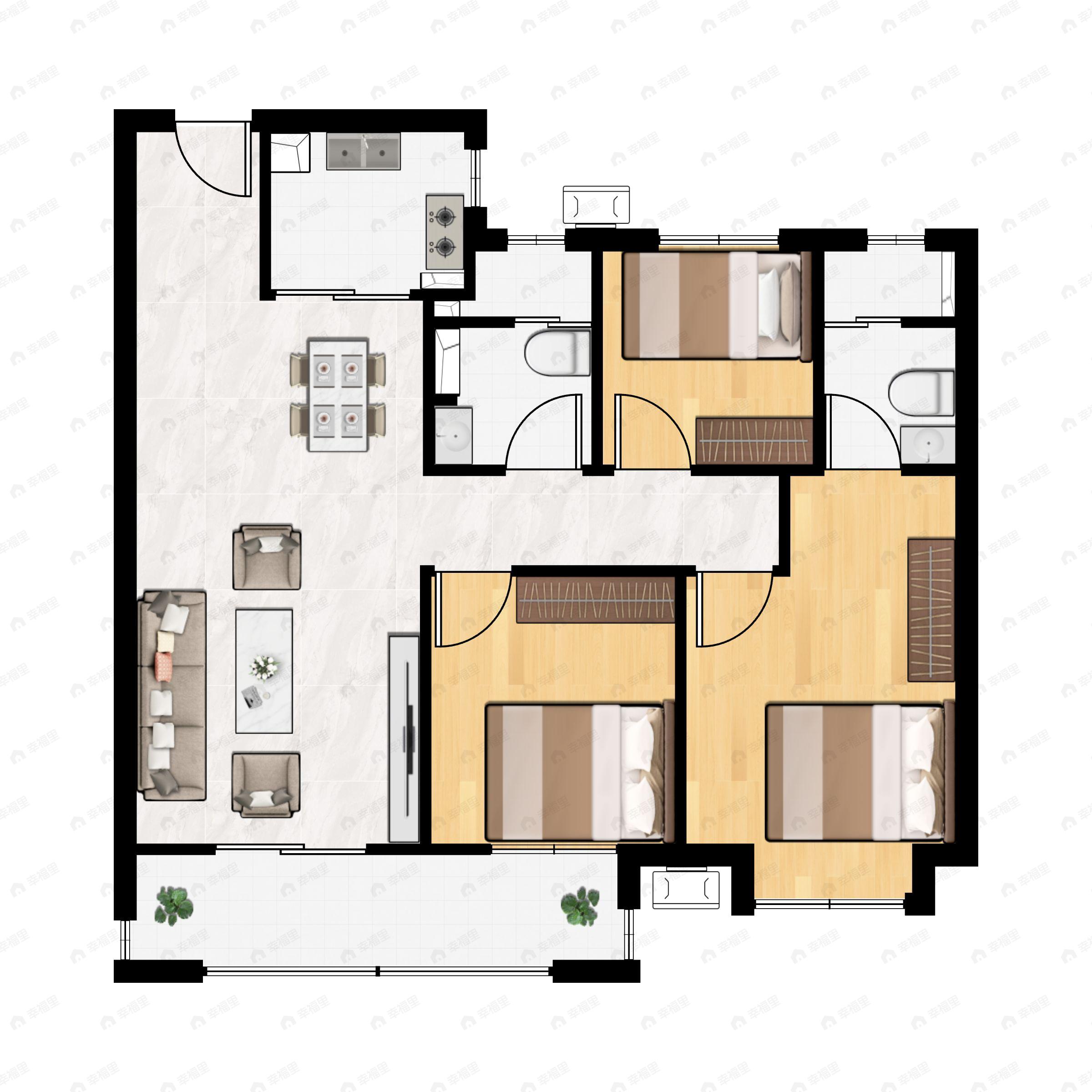 3室2厅2卫建面105平南|北户型图