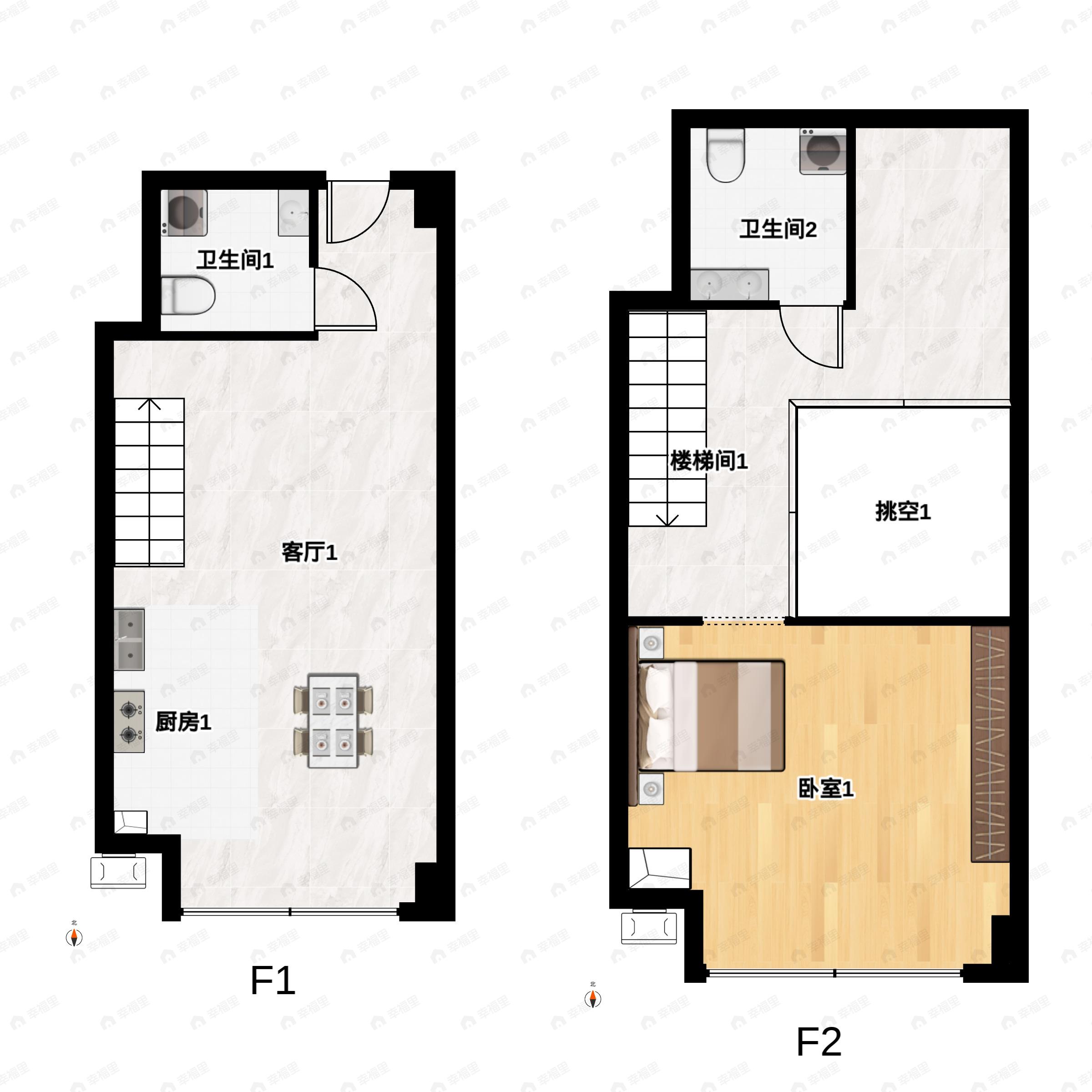 2室2厅2卫建面43平户型图
