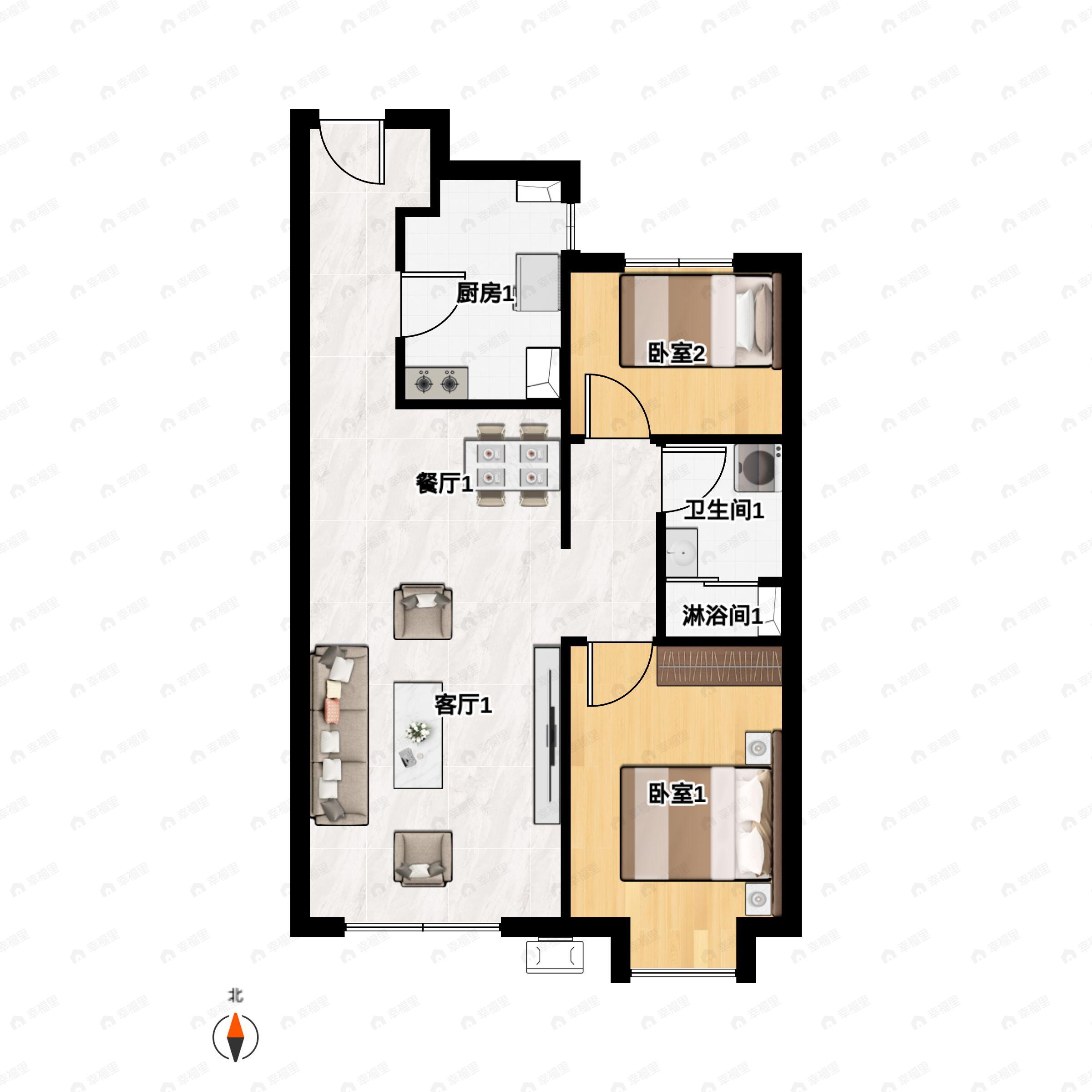 2室2厅1卫建面85m²南|北户型图
