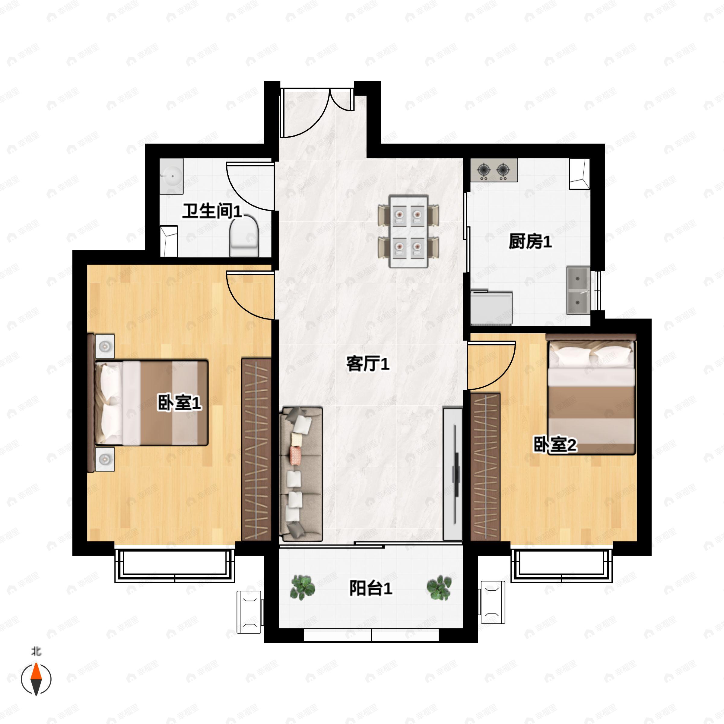 2室2厅1卫建面93m²户型图