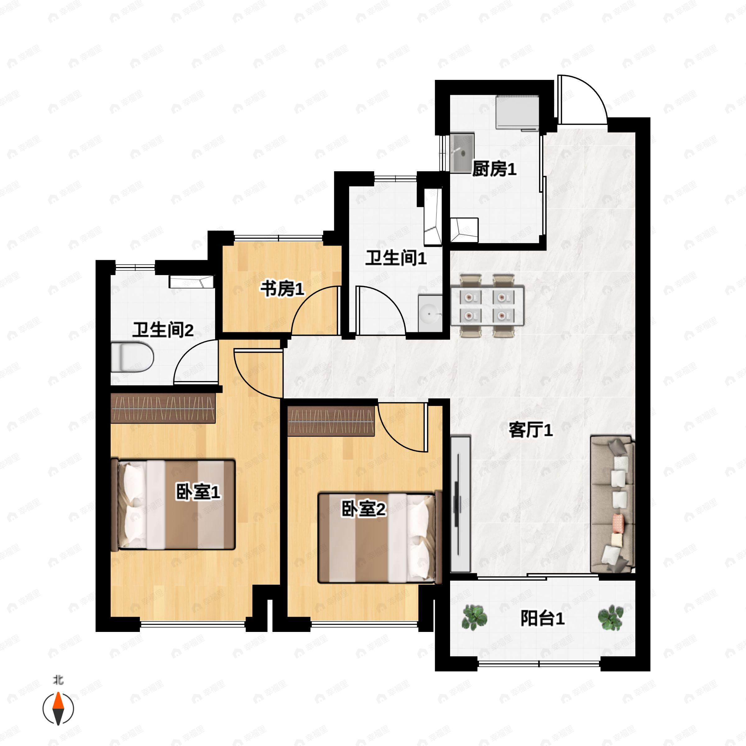 3室2厅2卫建面89平南户型图