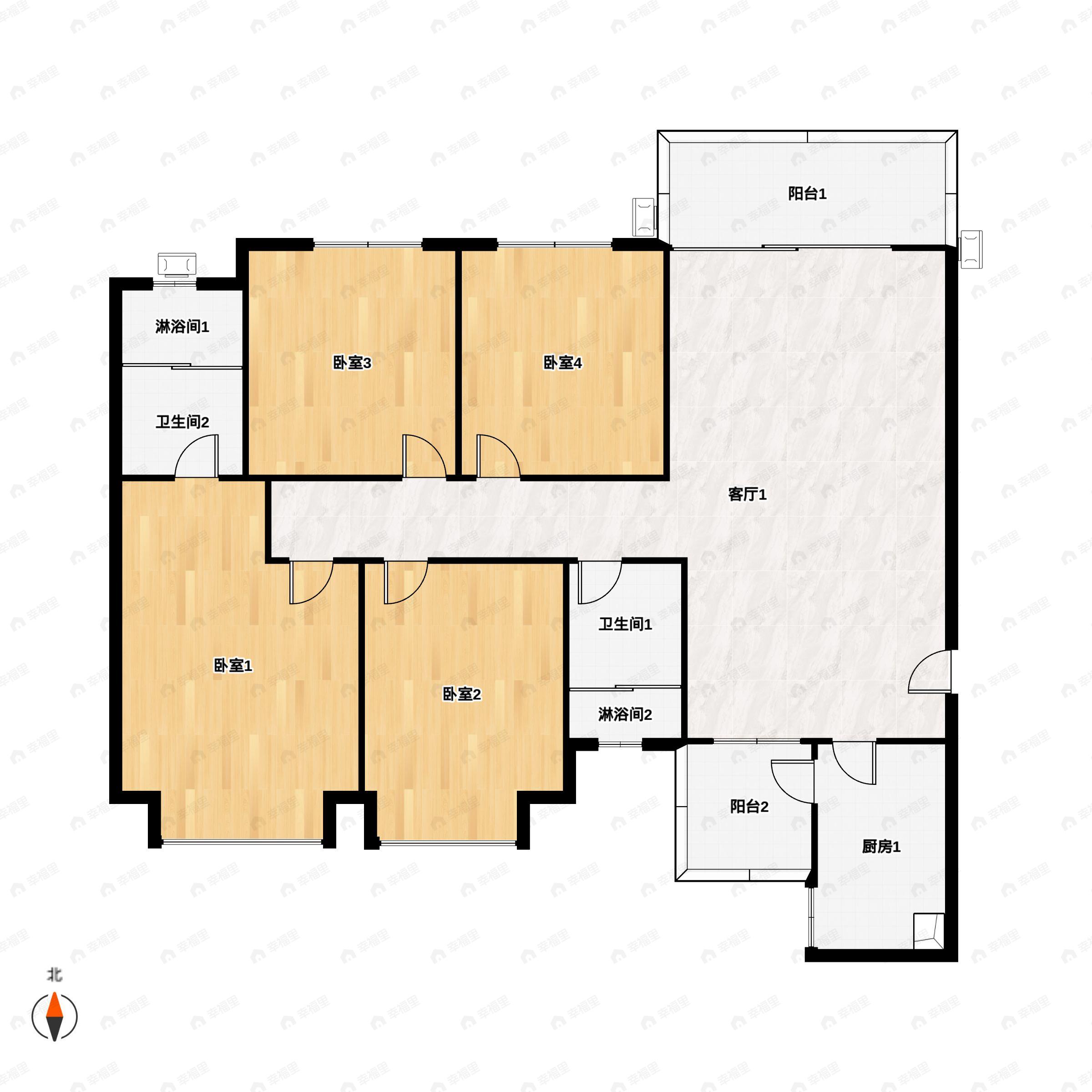 4室2厅2卫建面125平北|西北户型图