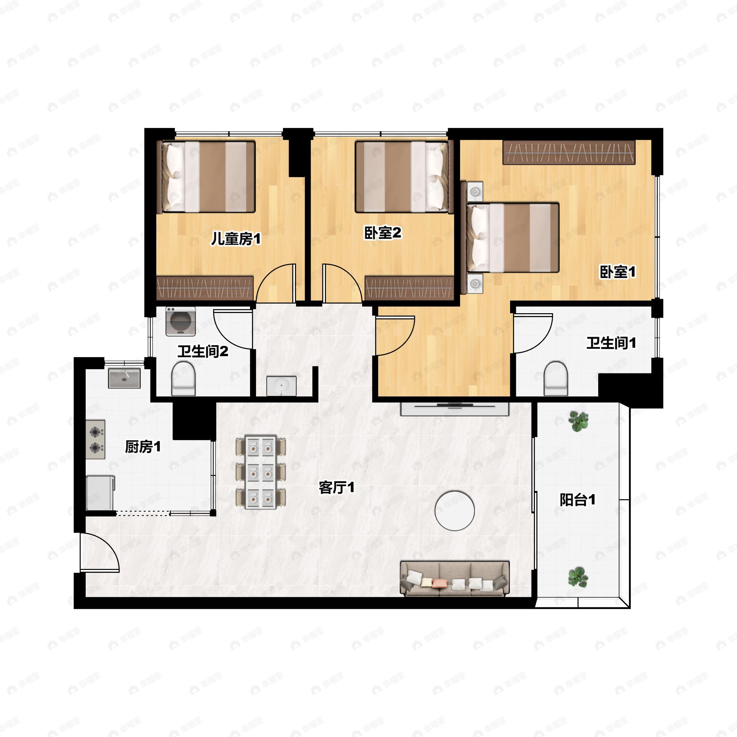 3室2厅2卫建面90平户型图