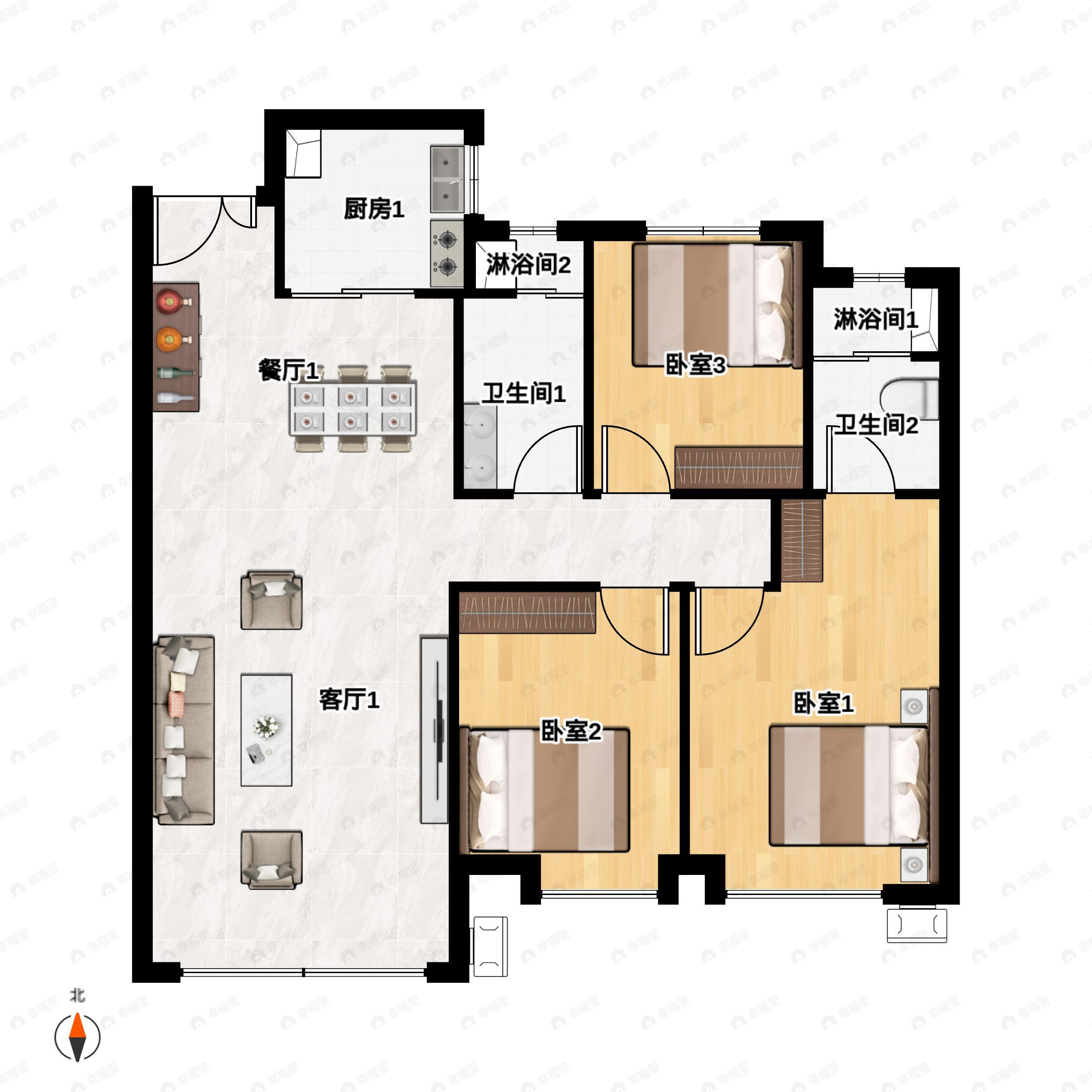3室2厅2卫建面120平南|北户型图