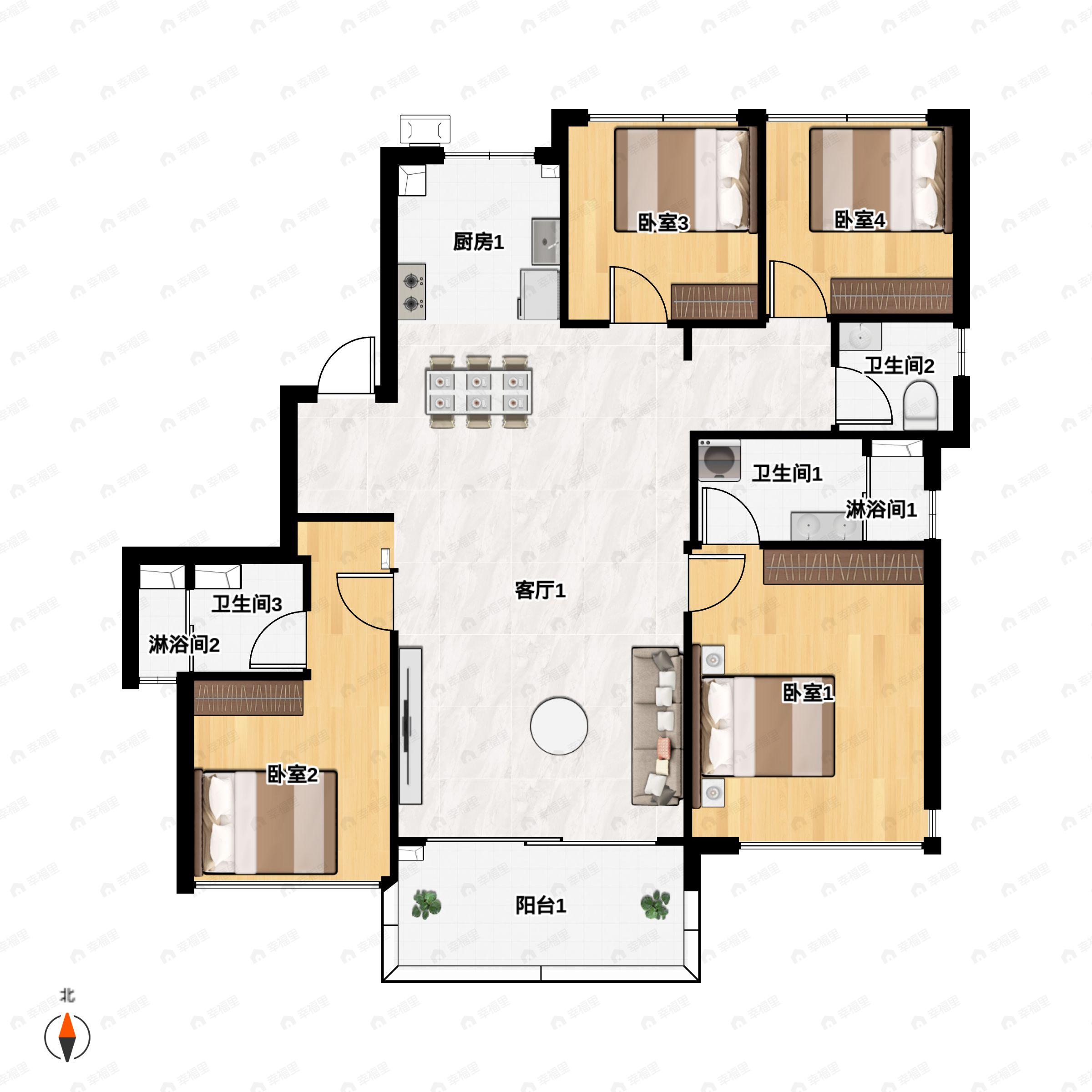 4室2厅2卫建面140平南户型图