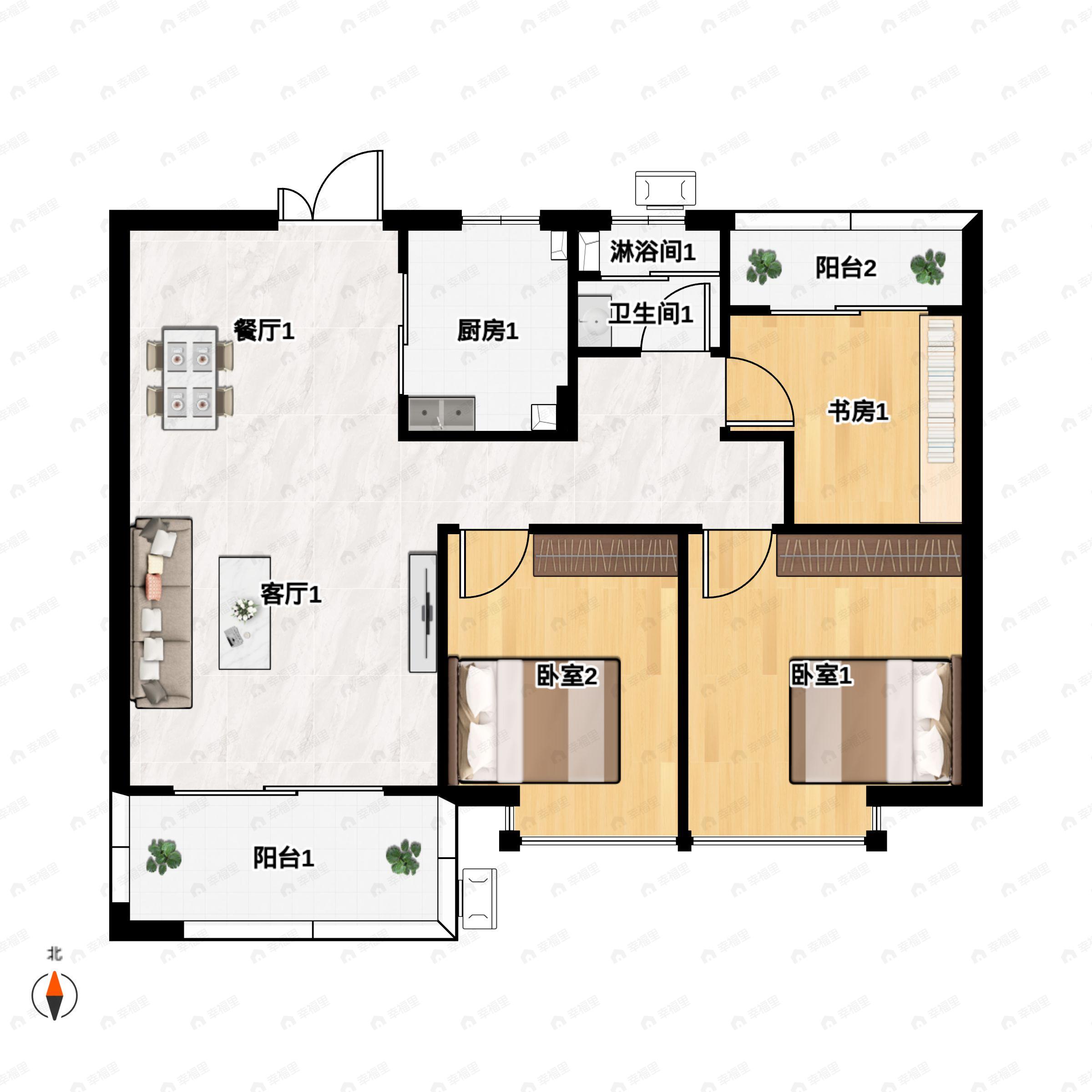 3室2厅1卫建面95m²南户型图