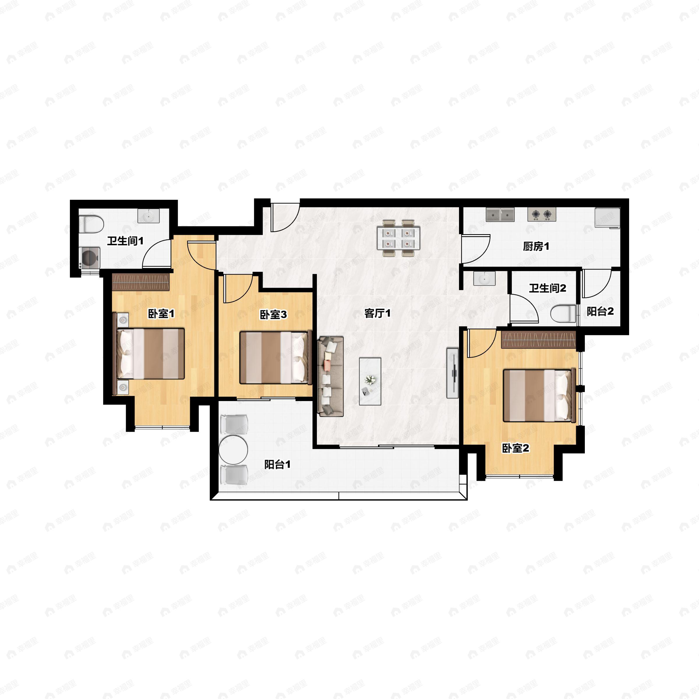 3室2厅2卫建面126平南户型图