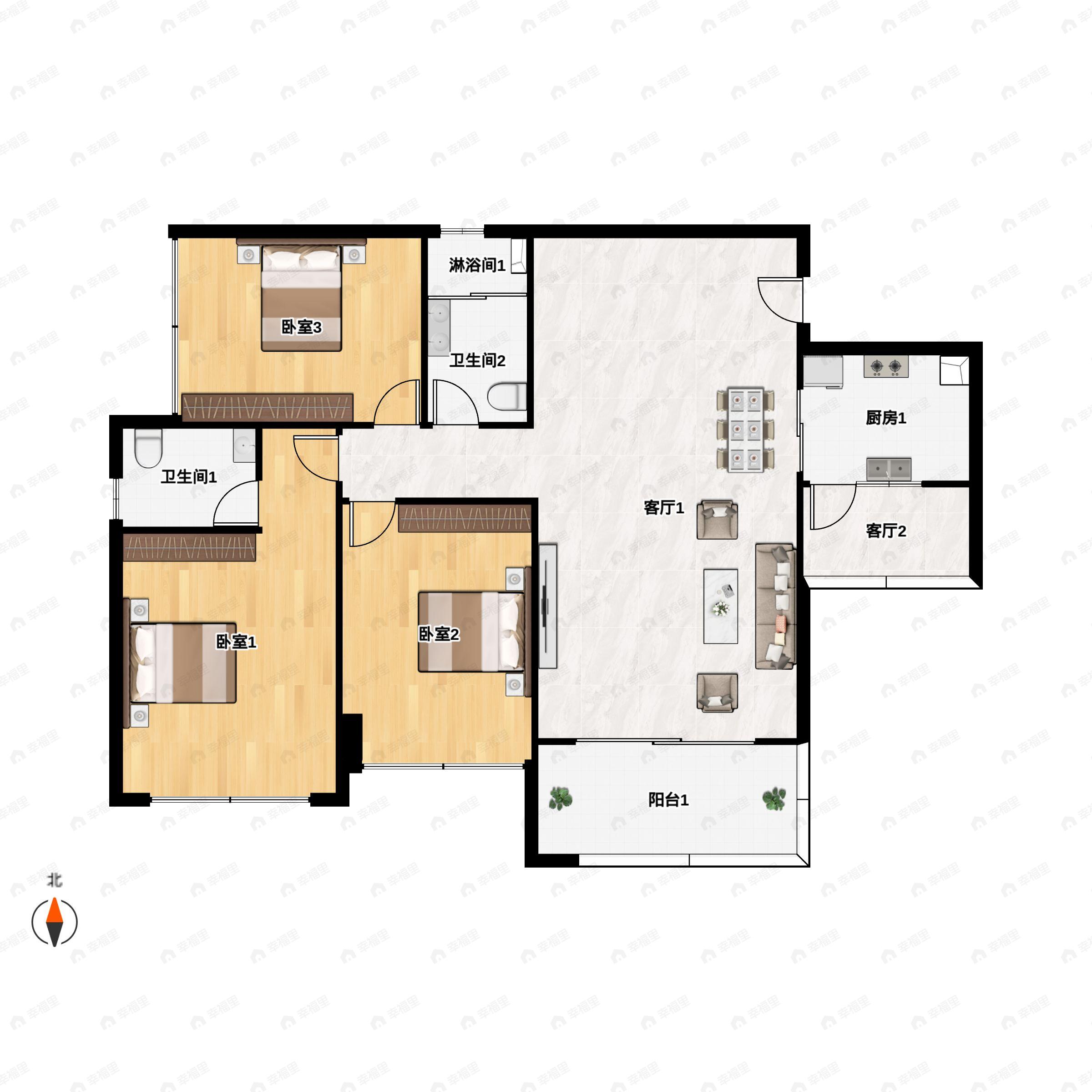 3室2厅2卫建面114平南户型图