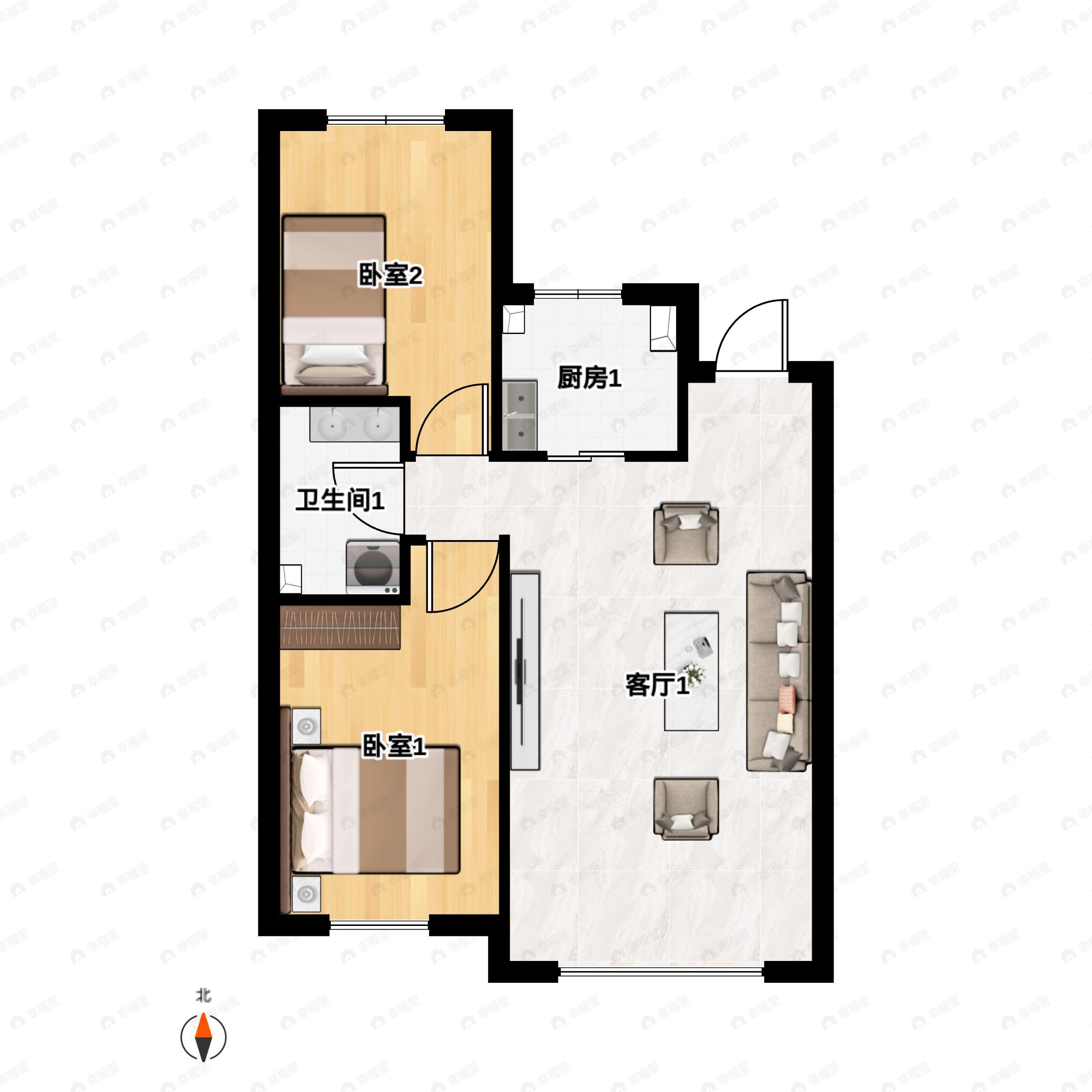 2室2厅1卫建面81平南|北户型图