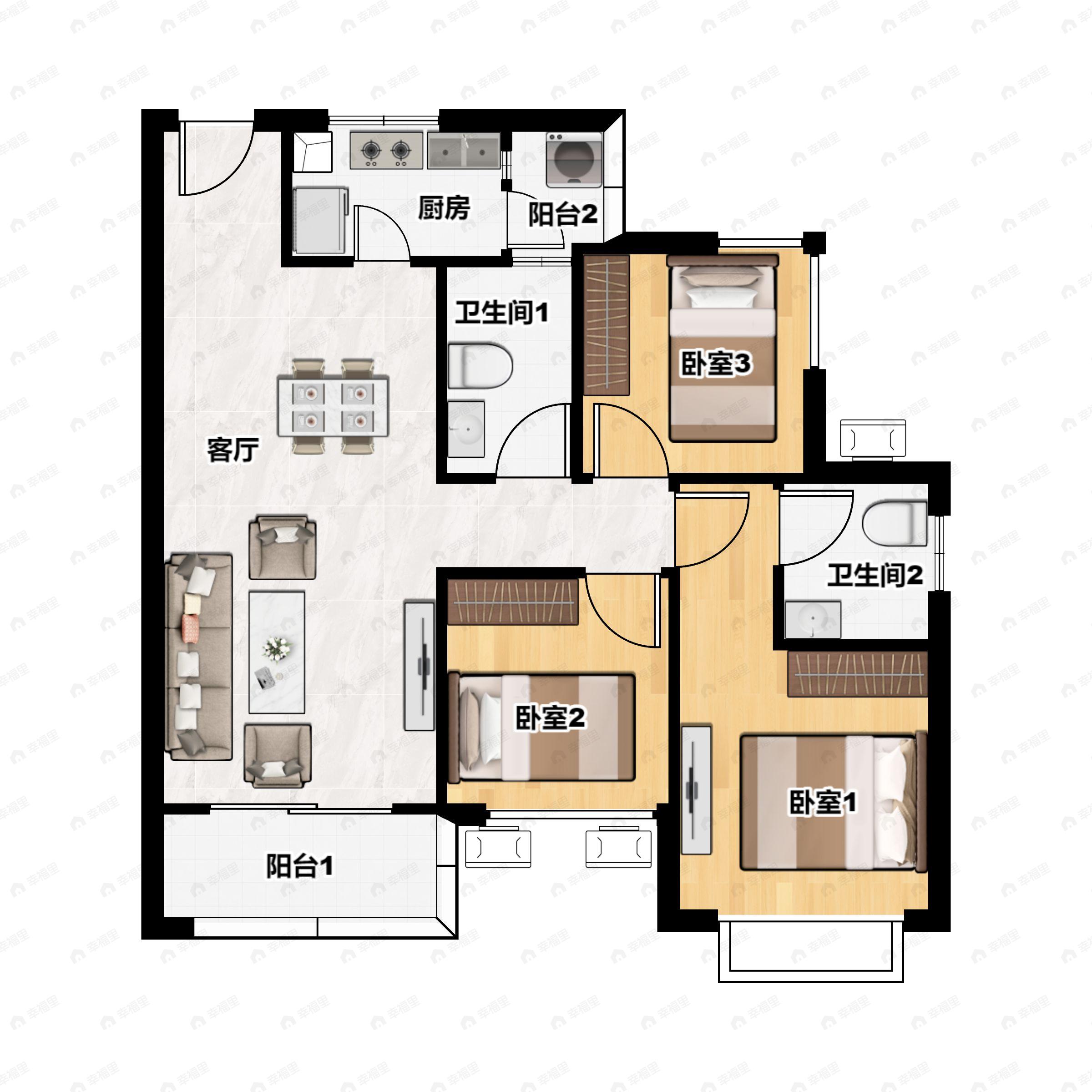 3室2厅2卫建面95平户型图