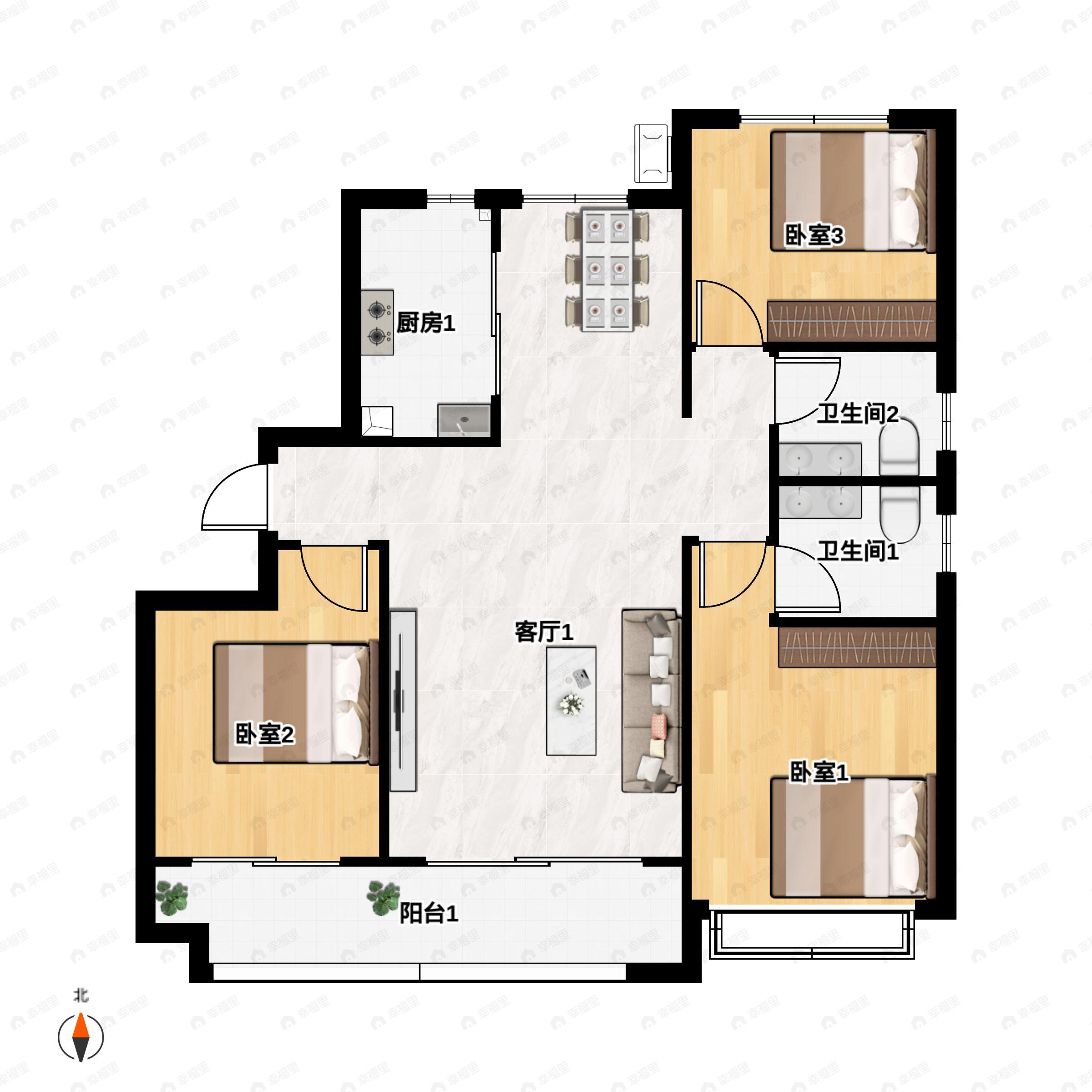3室2厅2卫建面133平南户型图