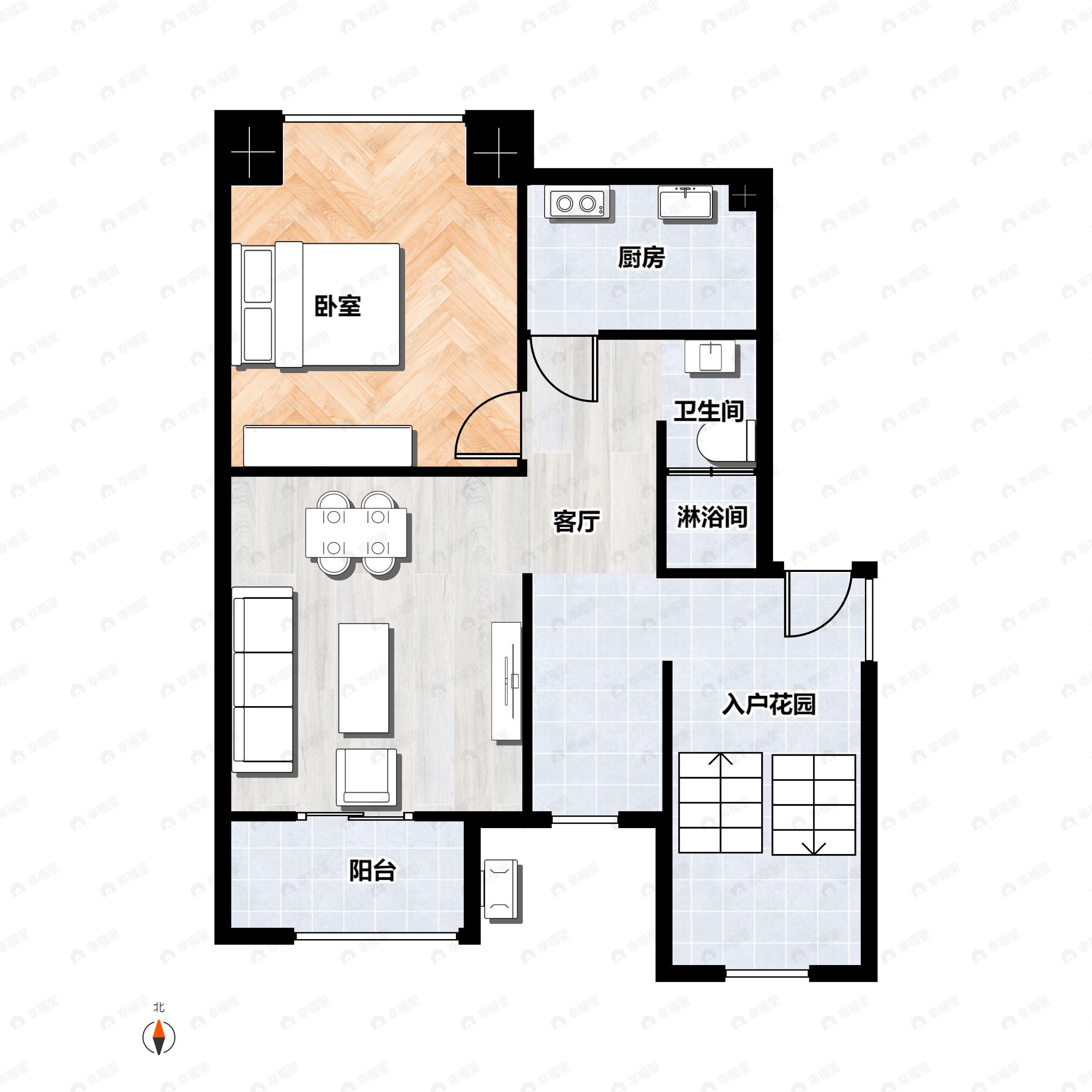 1室2厅1卫建面48m²南户型图
