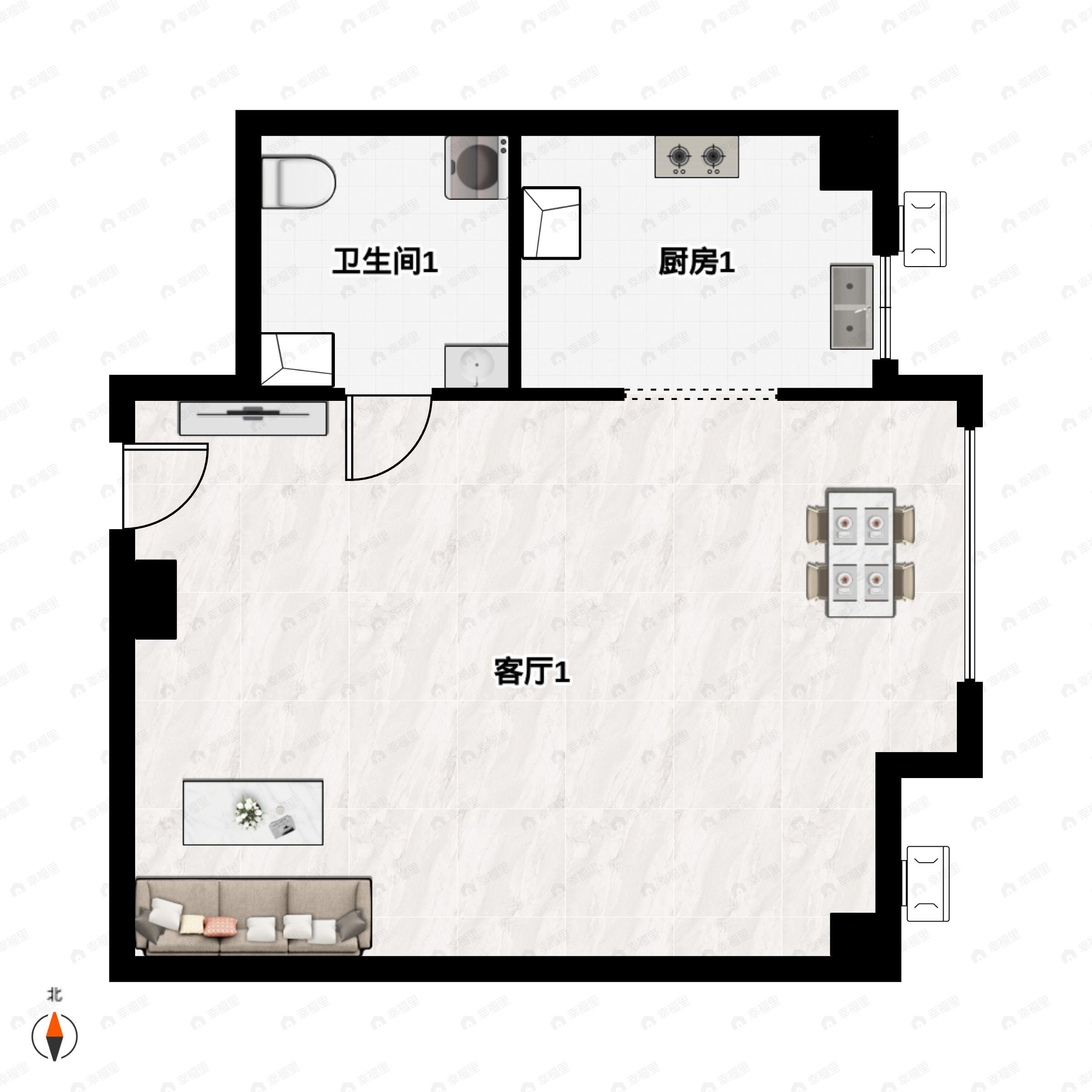 1室2厅1卫建面46m²西|东户型图