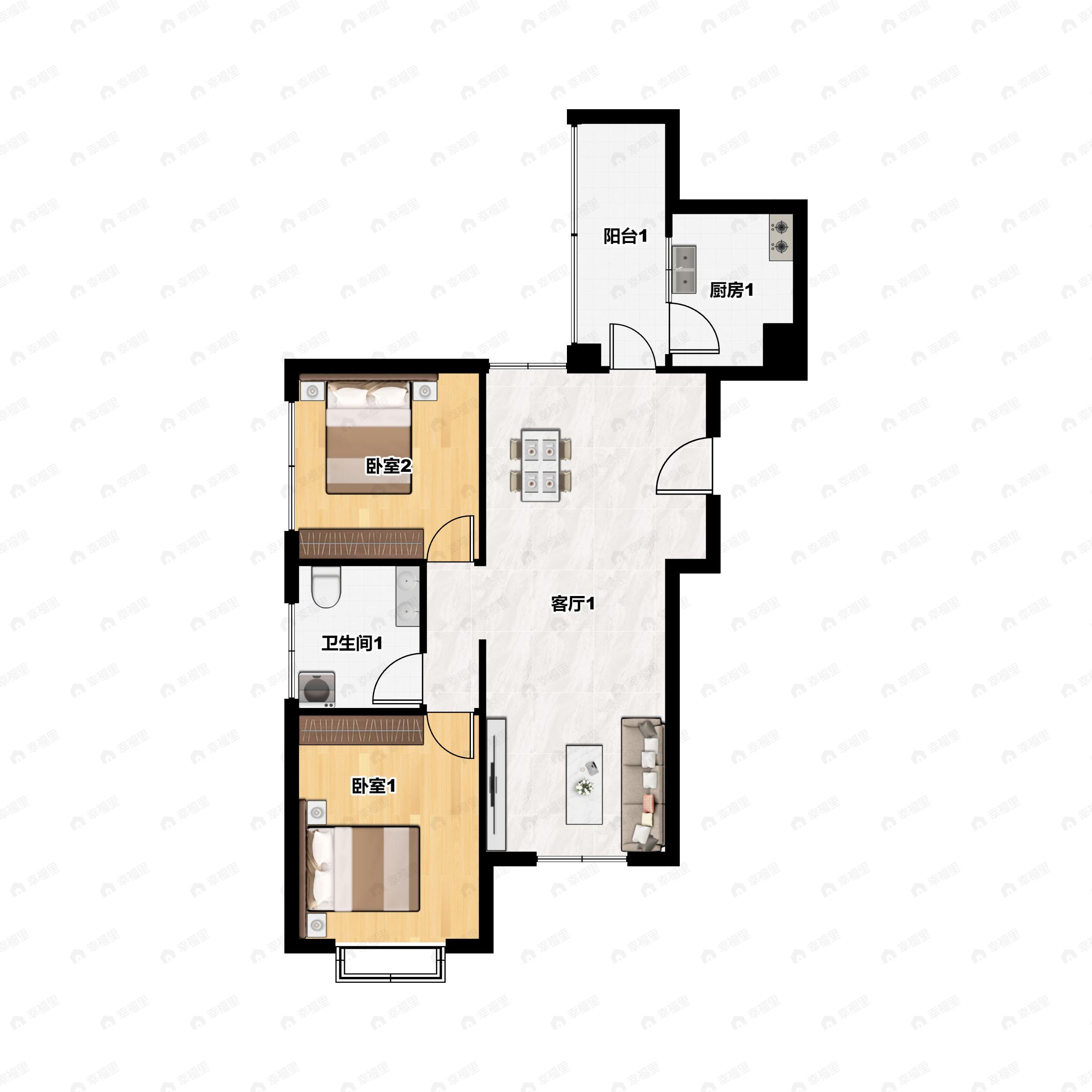 2室2厅1卫建面87m²南户型图