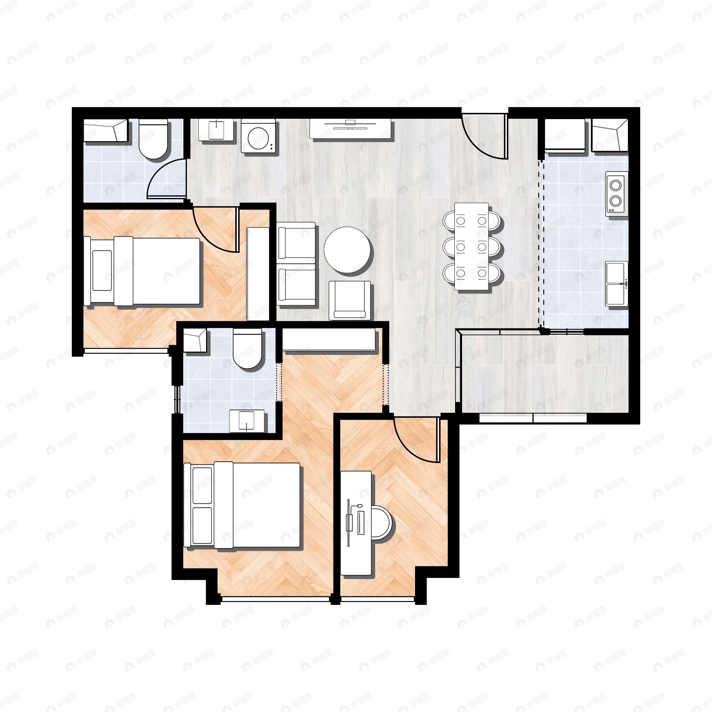 3室2厅2卫建面102平北|南户型图