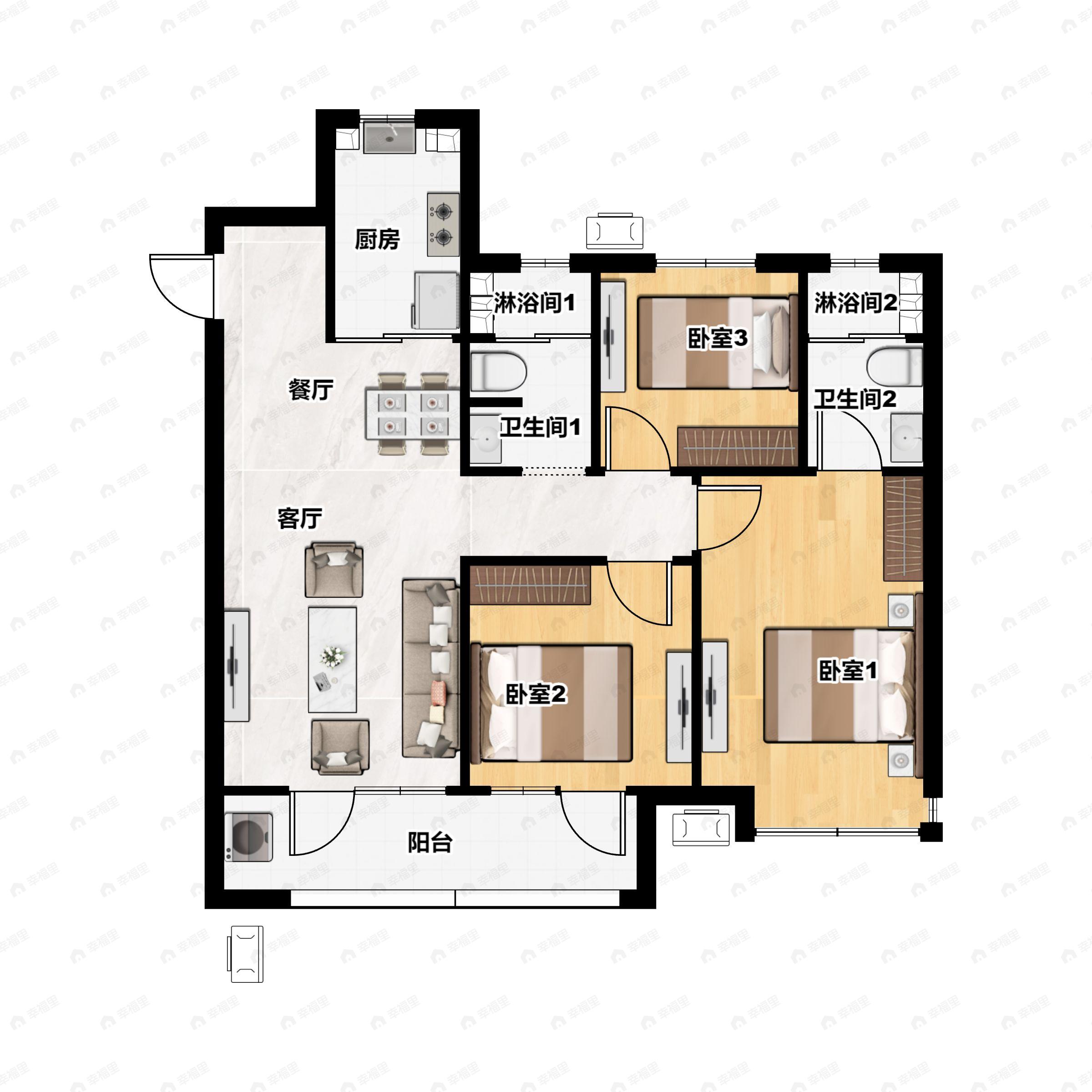 3室1厅2卫建面118平户型图