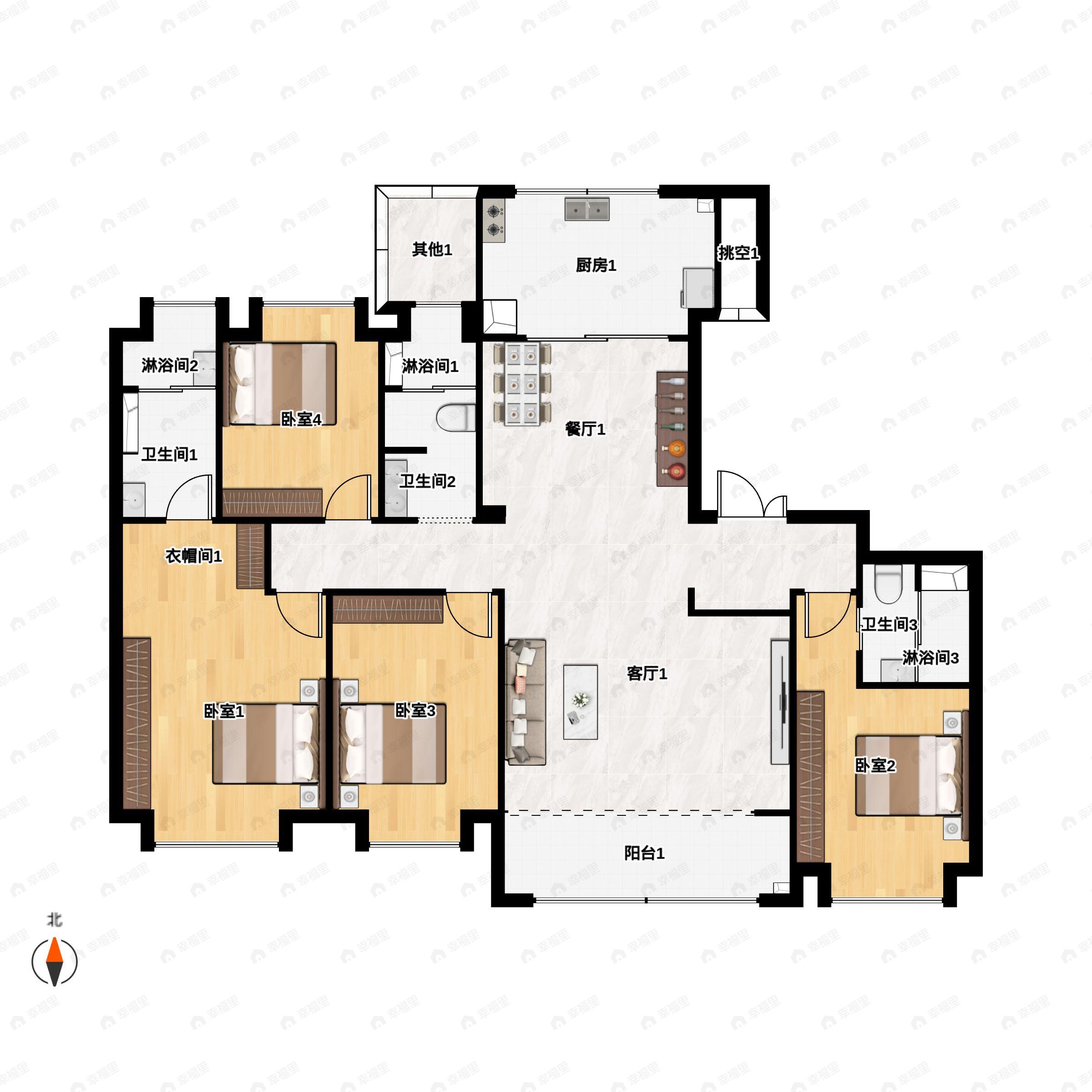 4室2厅3卫建面190m²南户型图