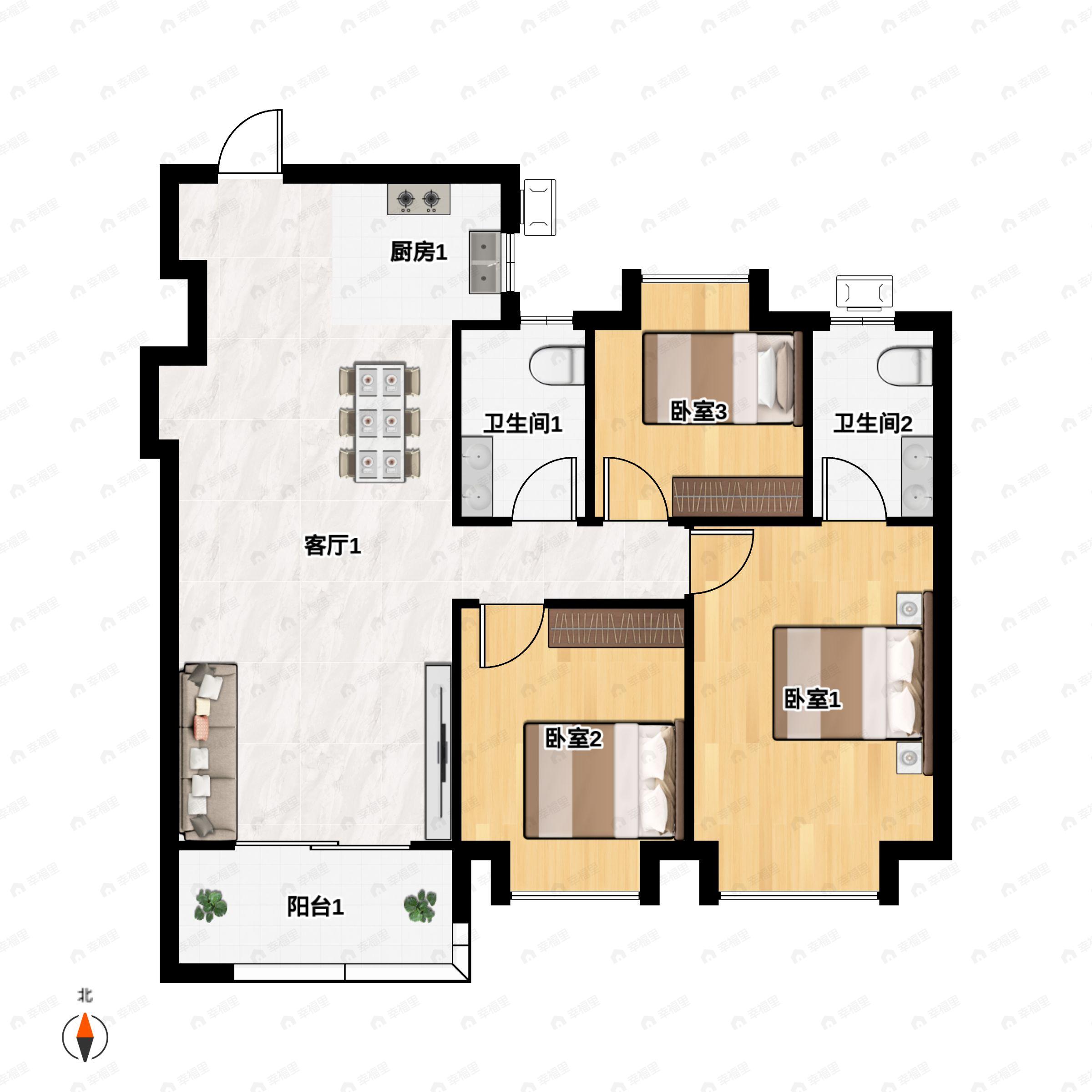 3室2厅2卫建面105平户型图