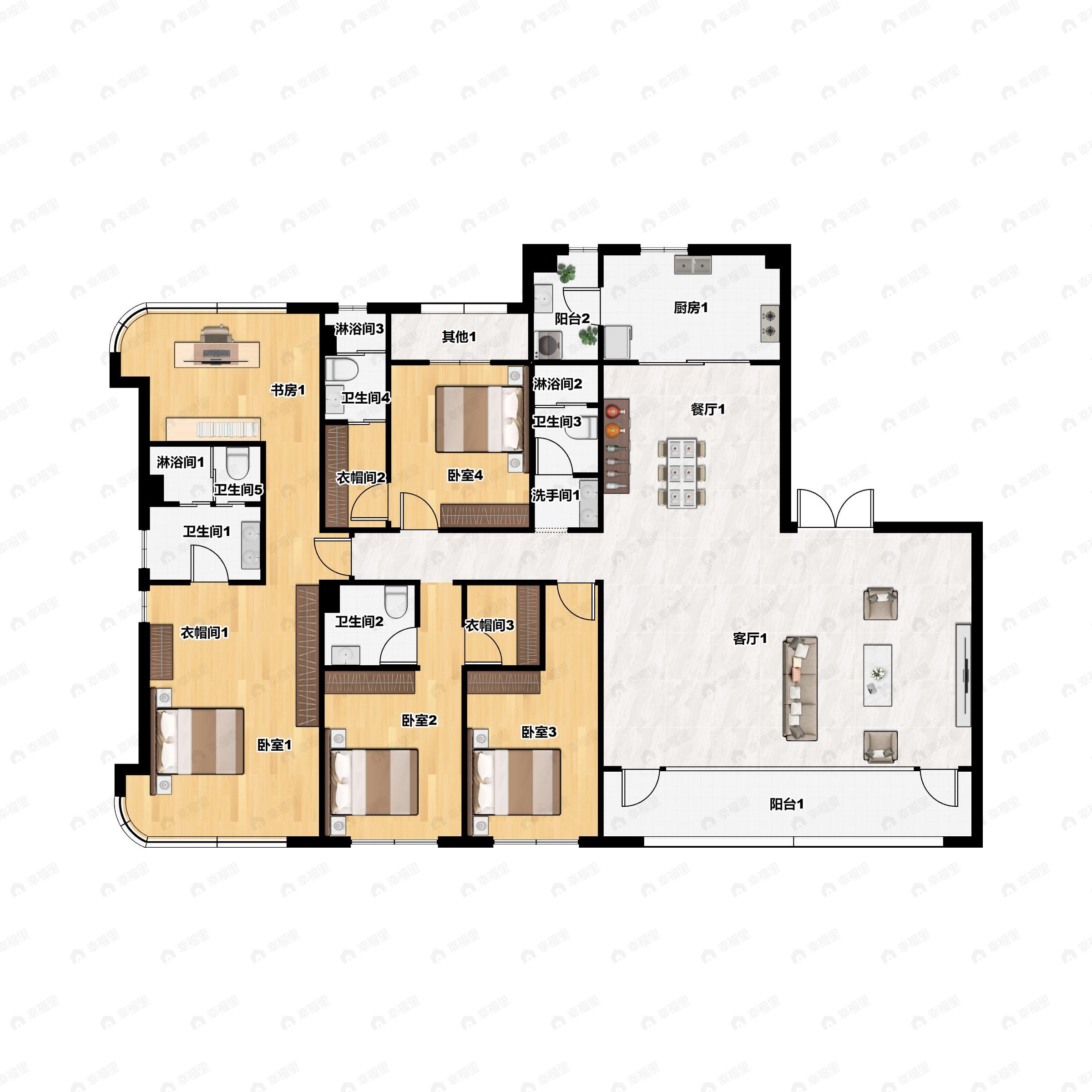 5室2厅4卫建面281平北|南户型图