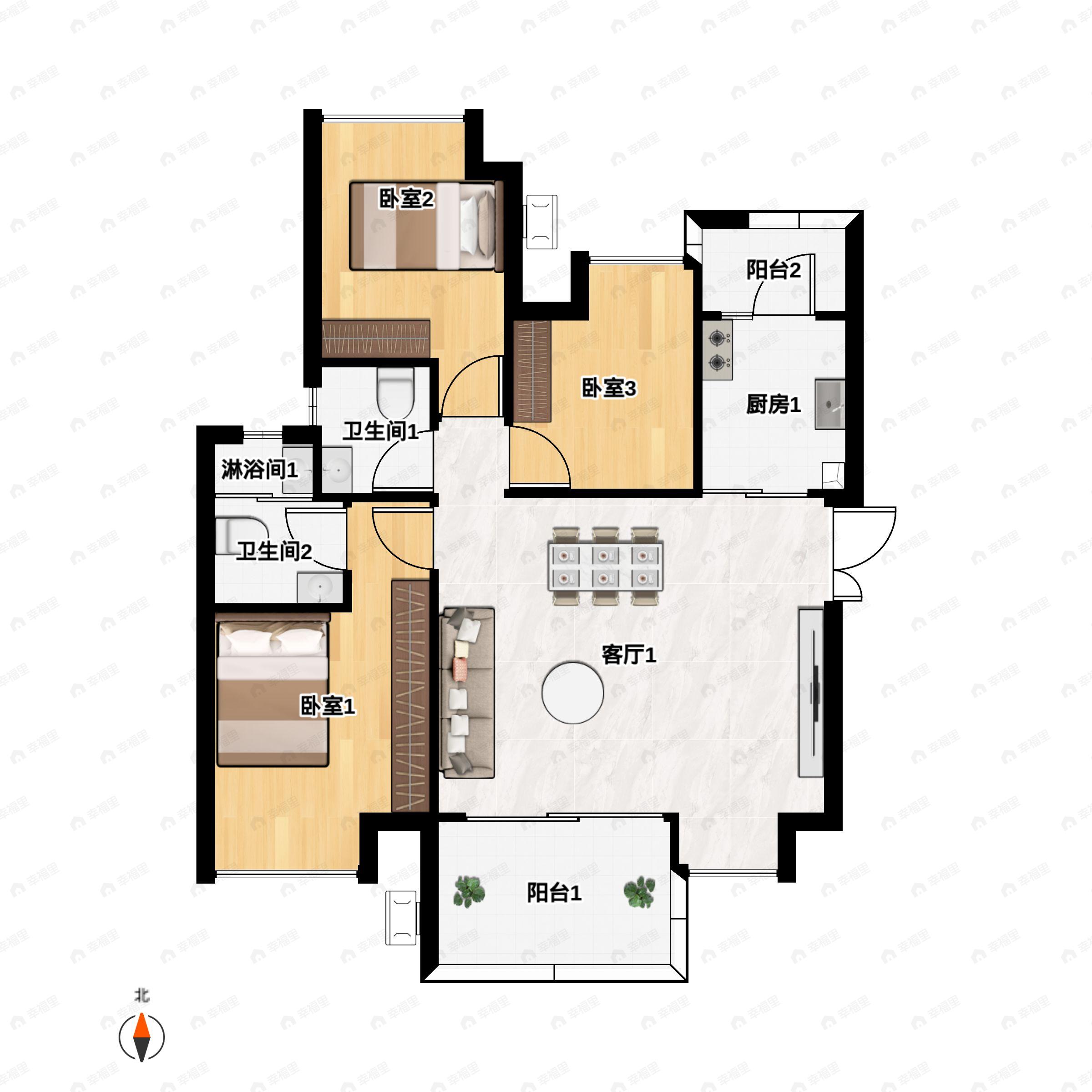 3室2厅2卫建面99平北|西|南|东户型图