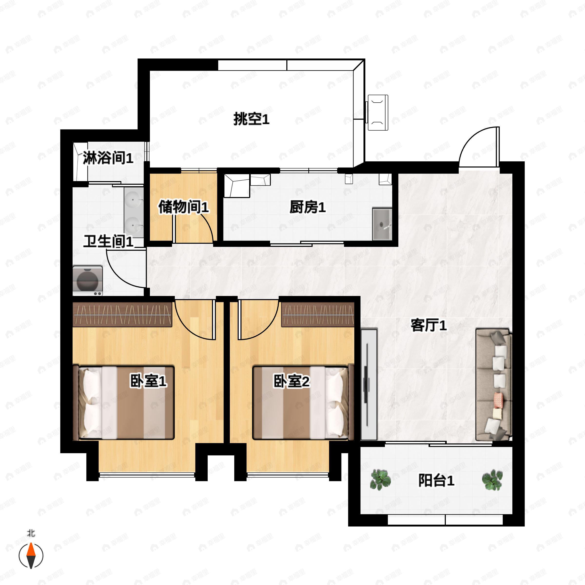 2室2厅1卫建面86m²南户型图