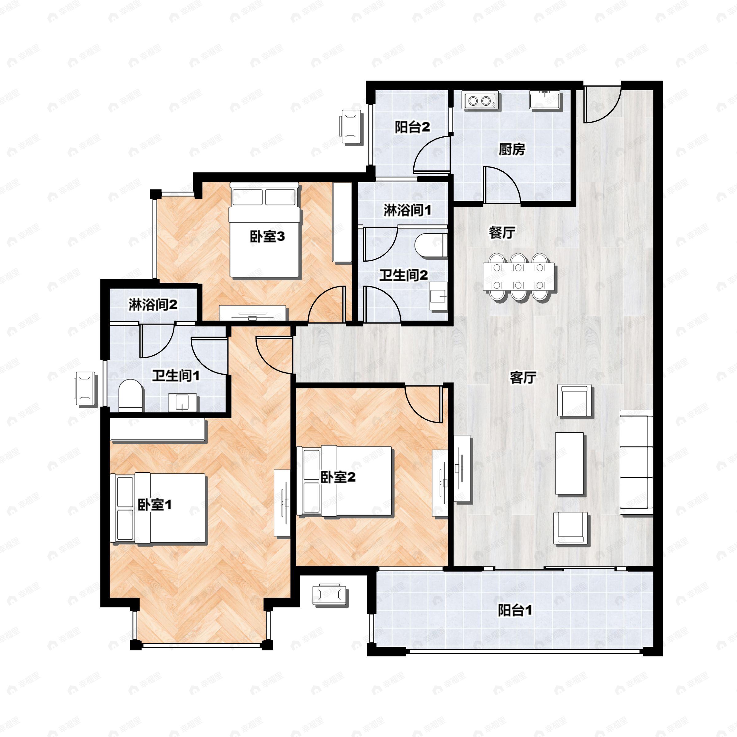 3室2厅2卫建面102平户型图