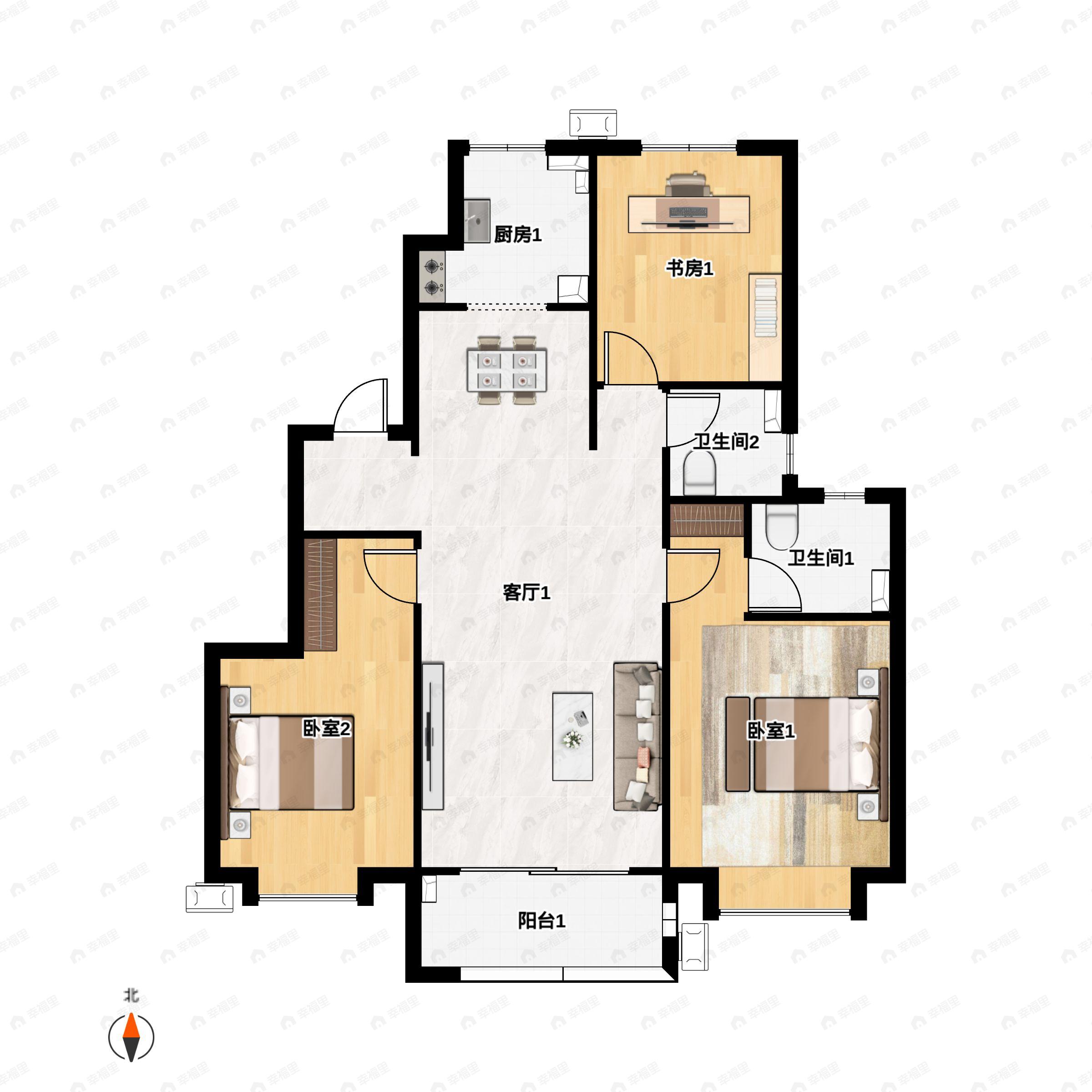 3室2厅2卫建面128平南|北户型图