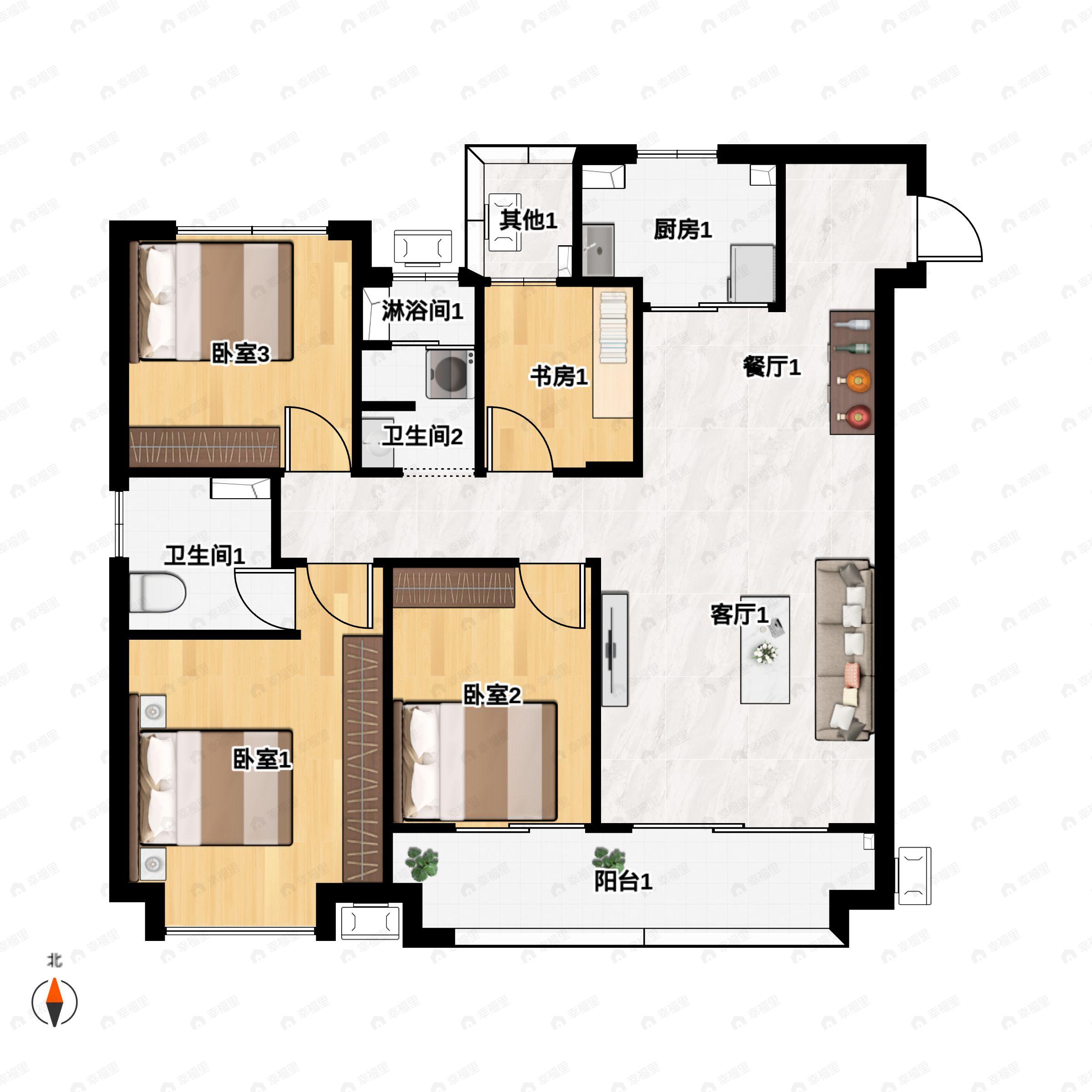 3室2厅2卫建面122平户型图