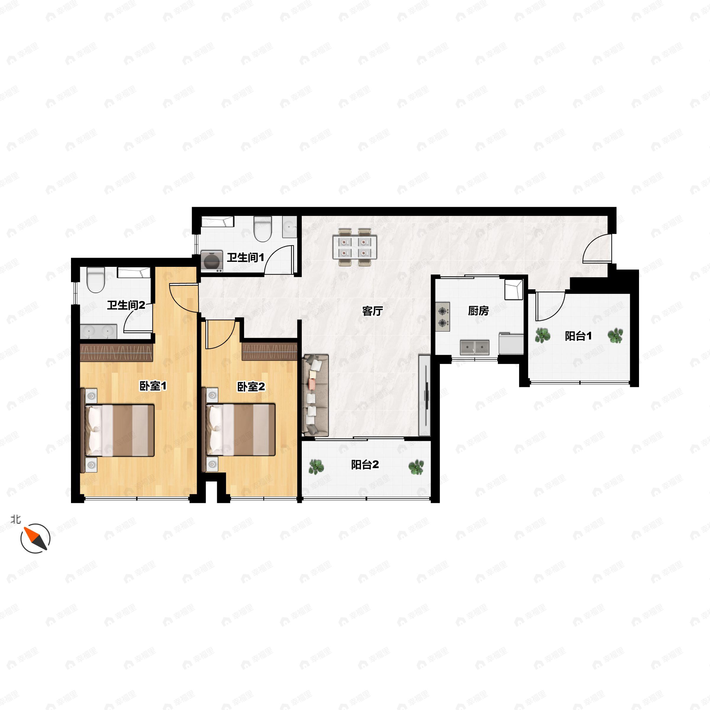 2室2厅2卫建面95m²北户型图