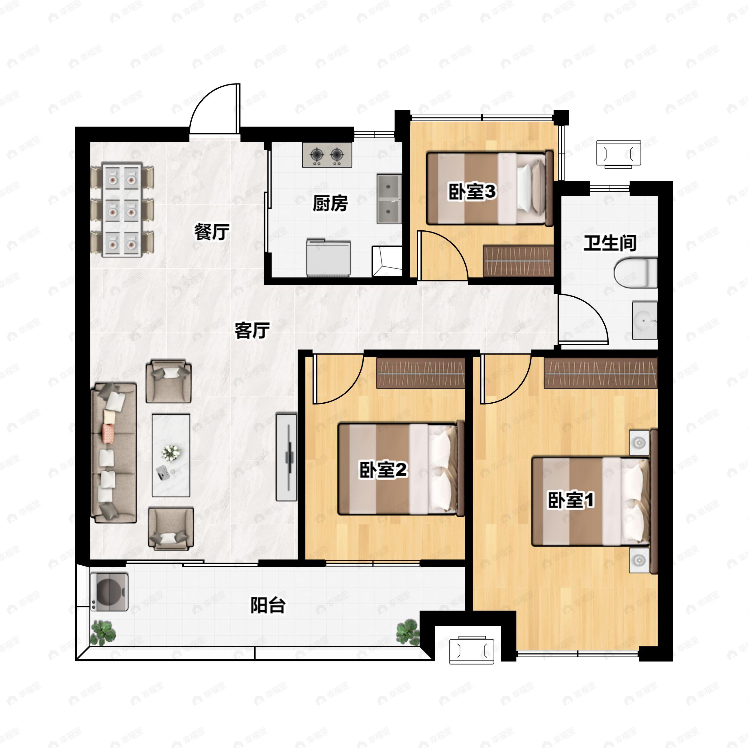 3室2厅1卫建面102平户型图