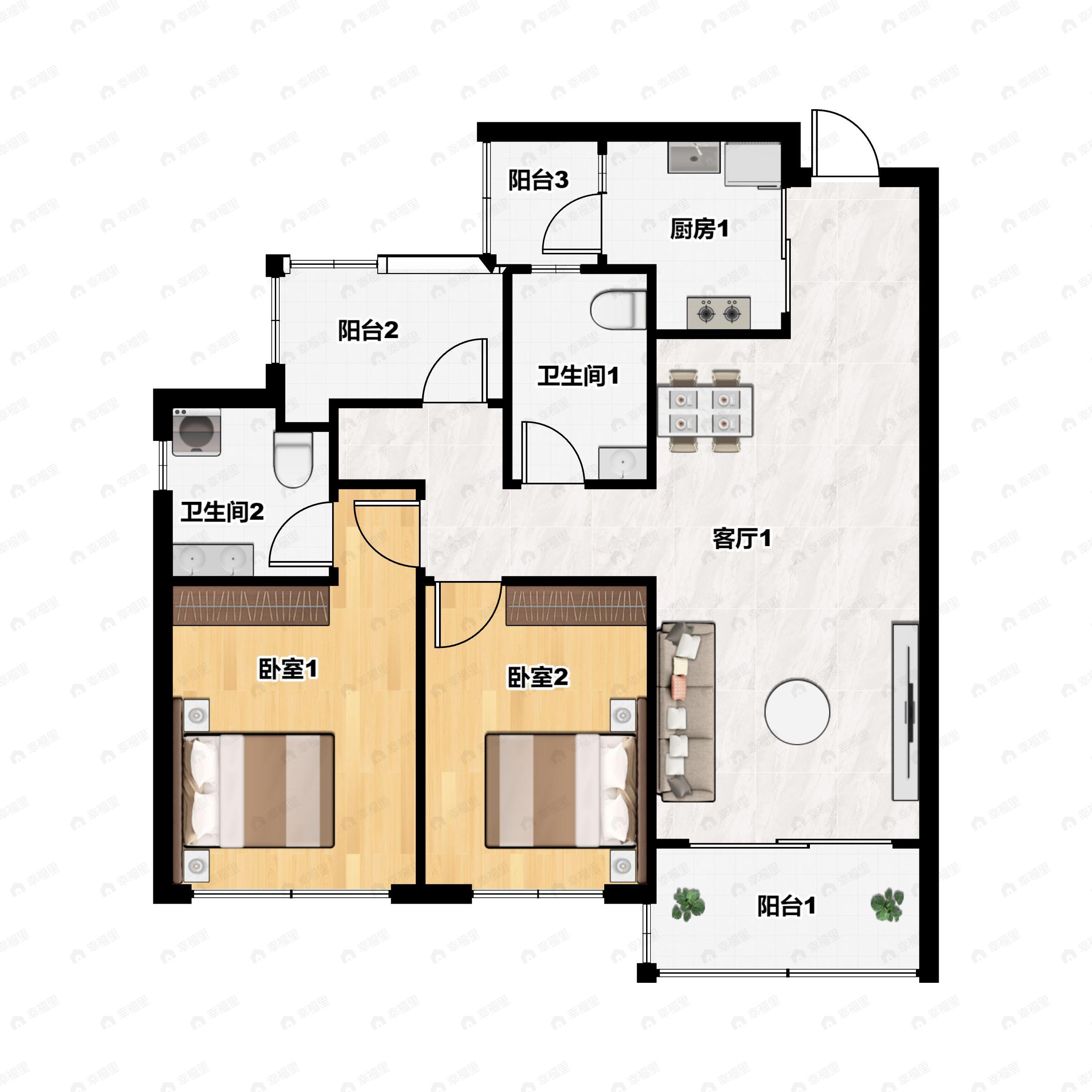 美的海棠公馆2室2厅2卫户型图