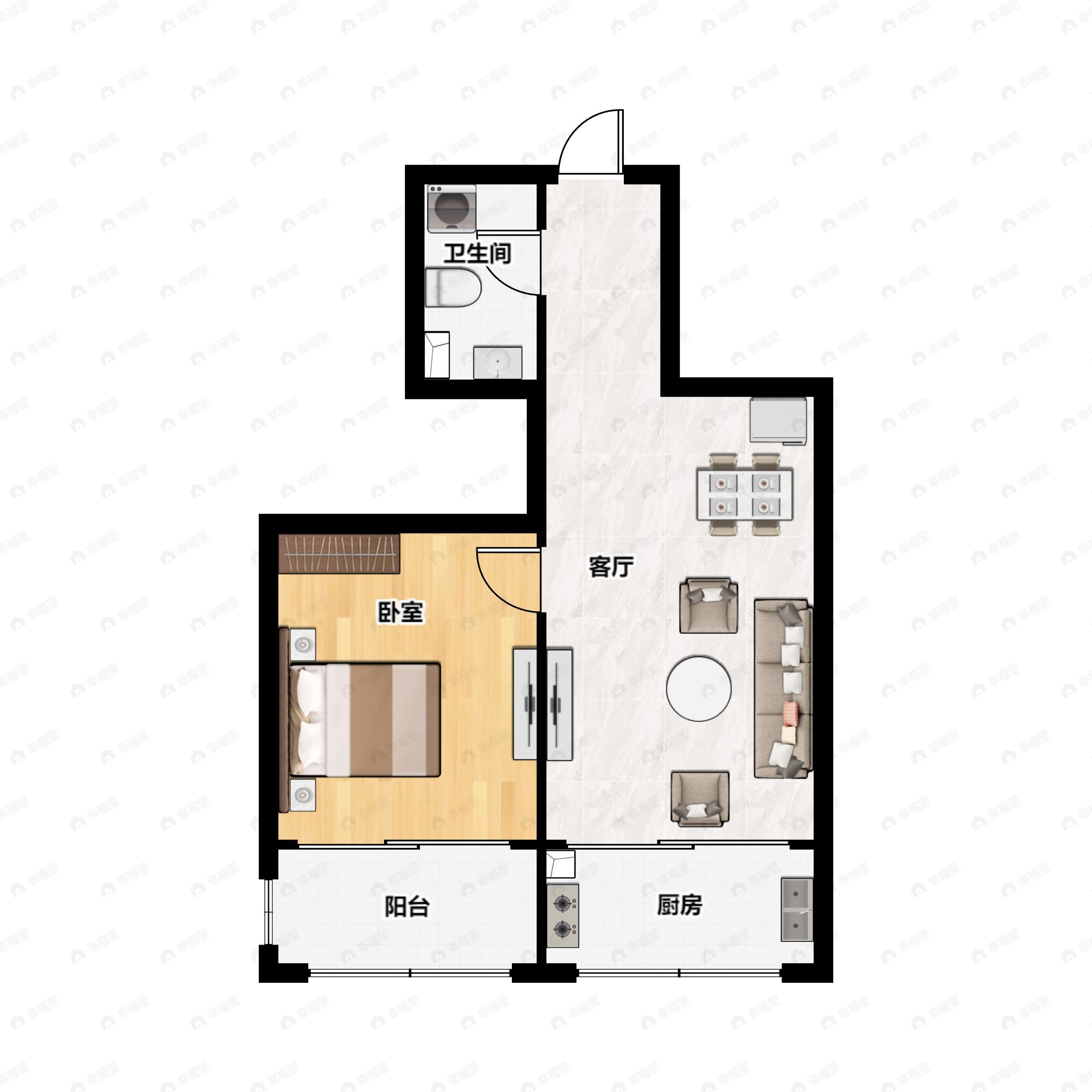 1室2厅1卫建面59m²南户型图