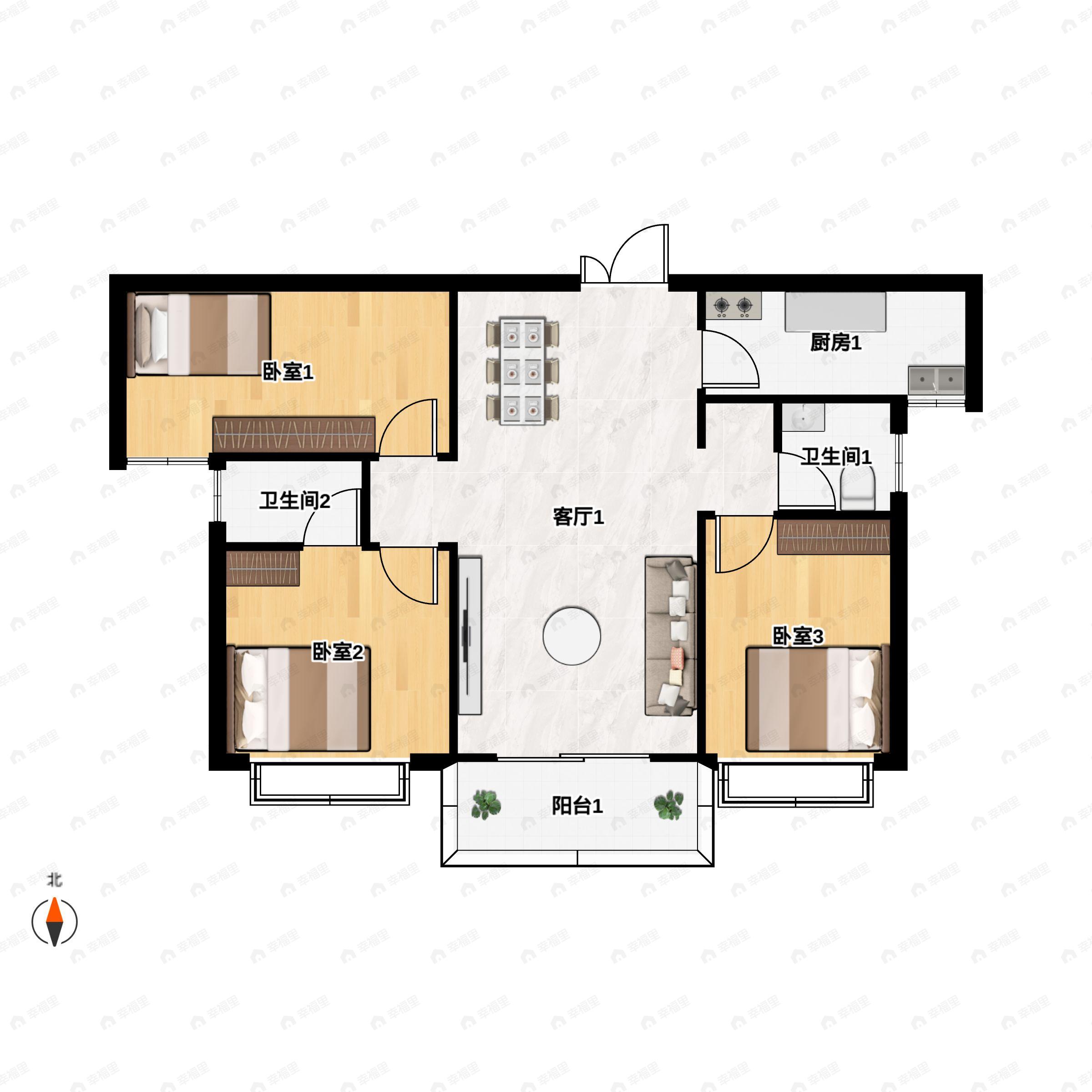 3室2厅2卫建面117平南户型图
