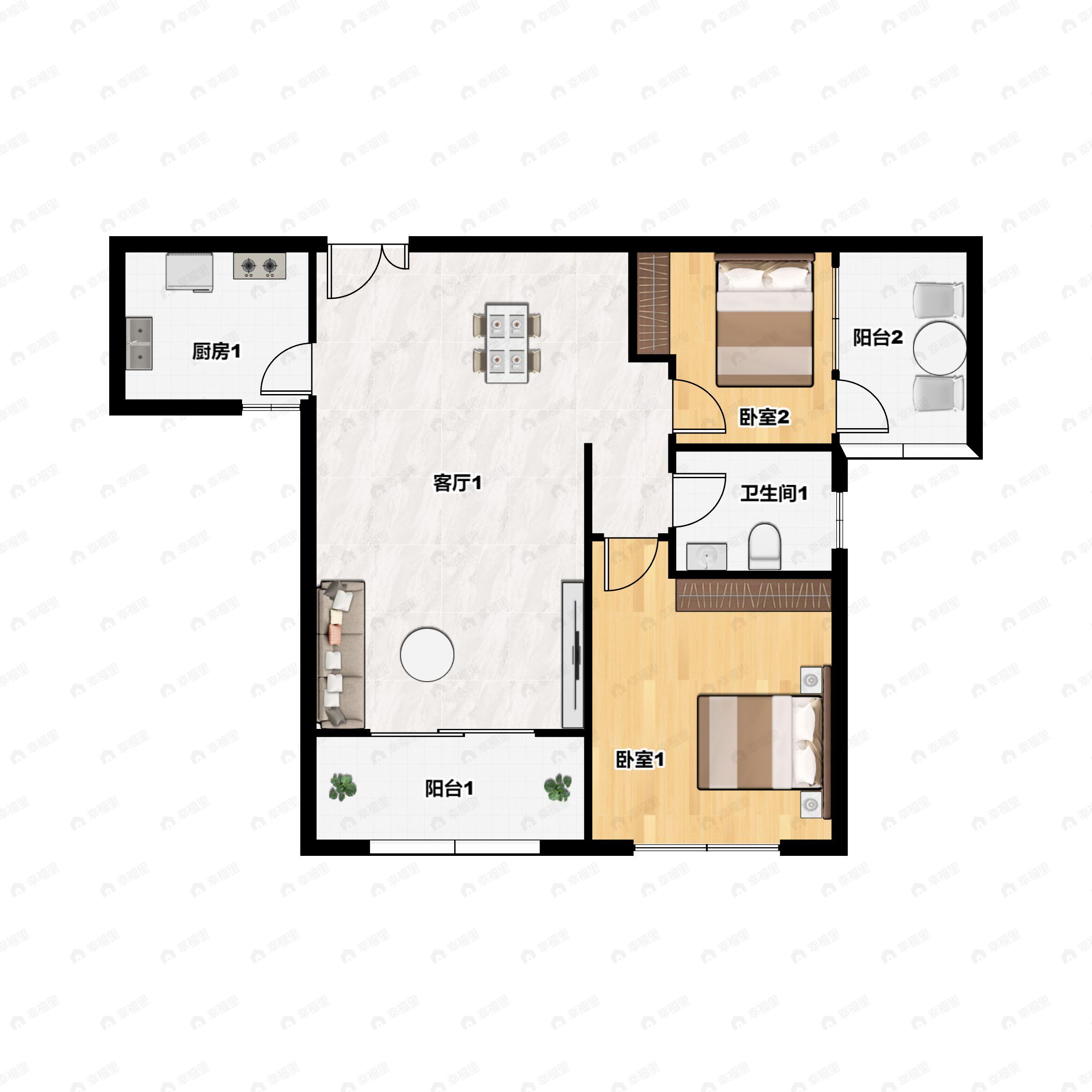 2室2厅1卫建面90m²南户型图