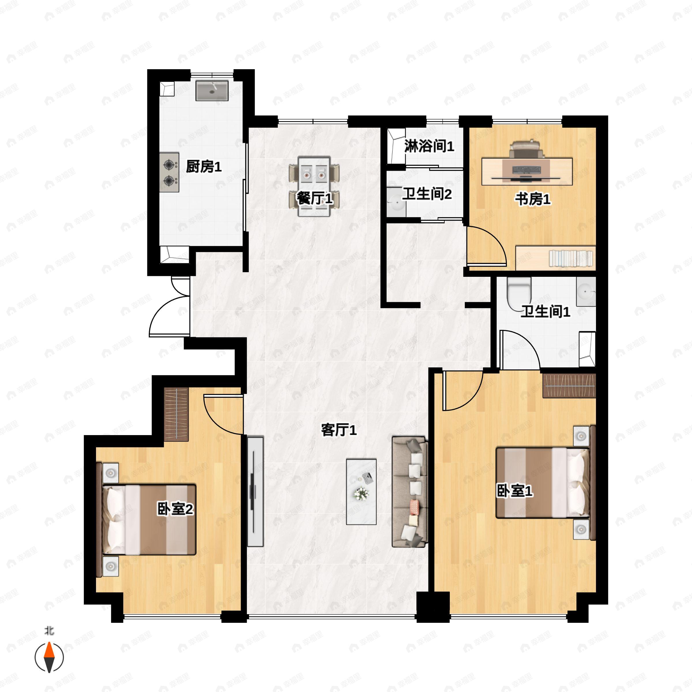 3室2厅2卫建面120m²南户型图