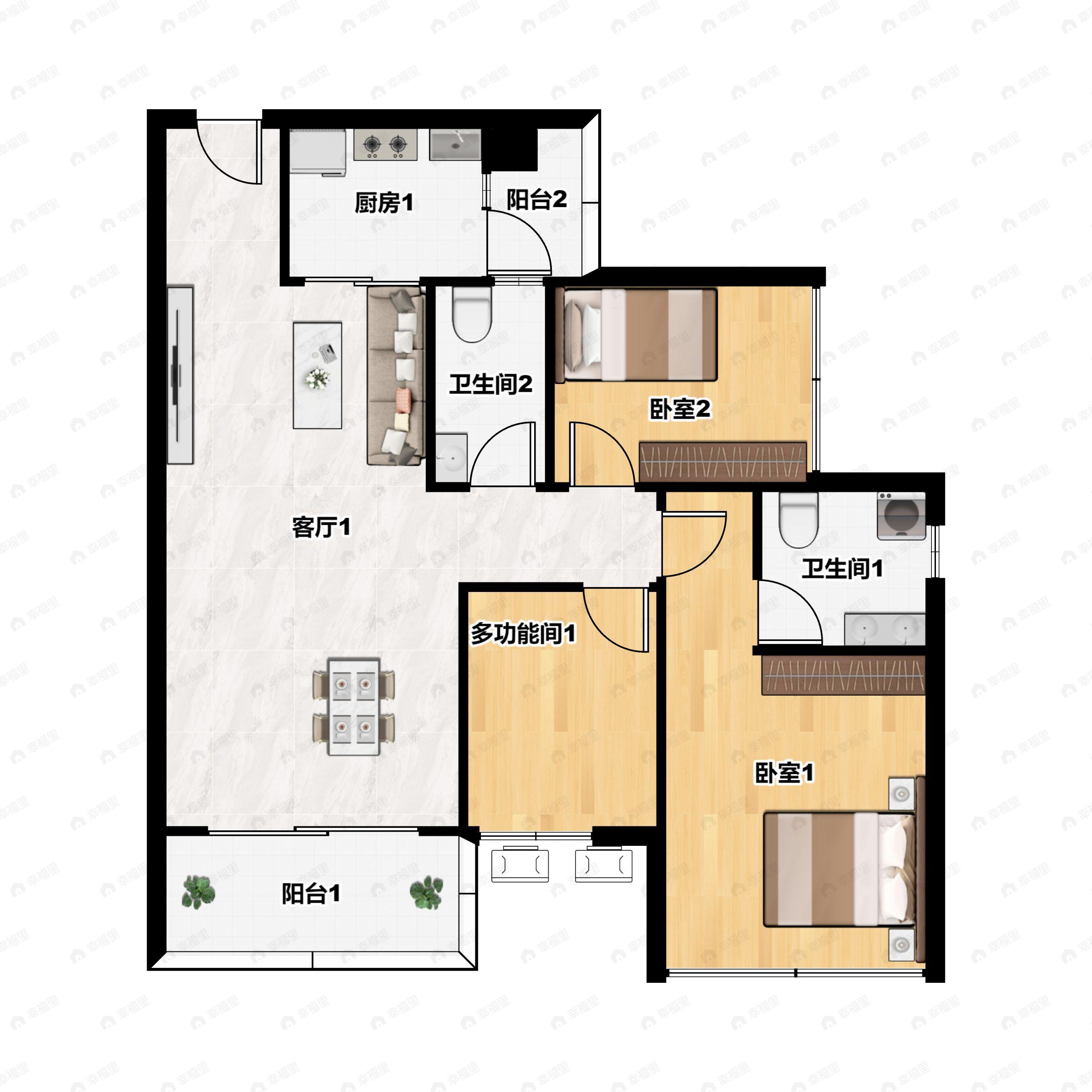 3室2厅2卫建面94平南户型图