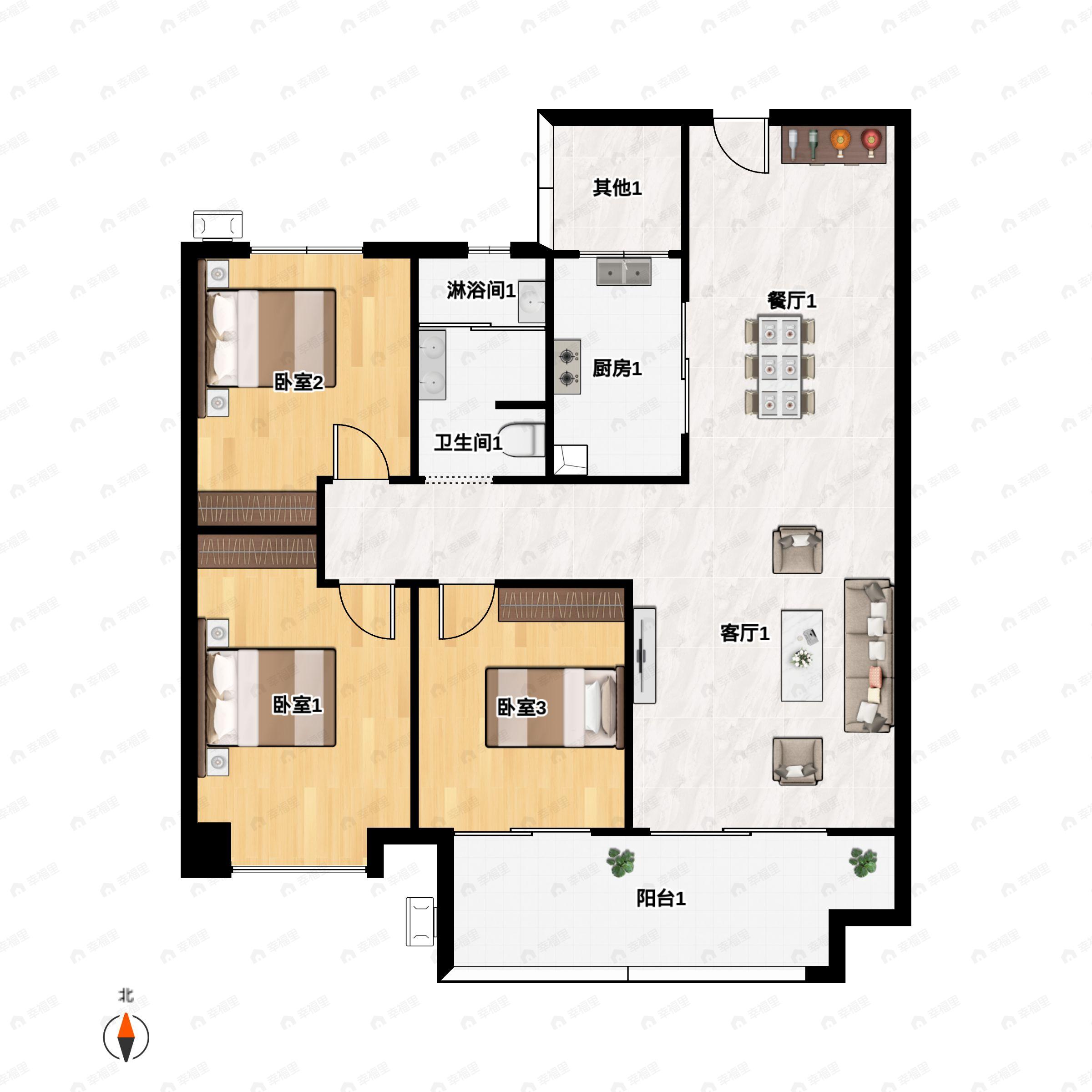 3室2厅1卫建面97m²南户型图
