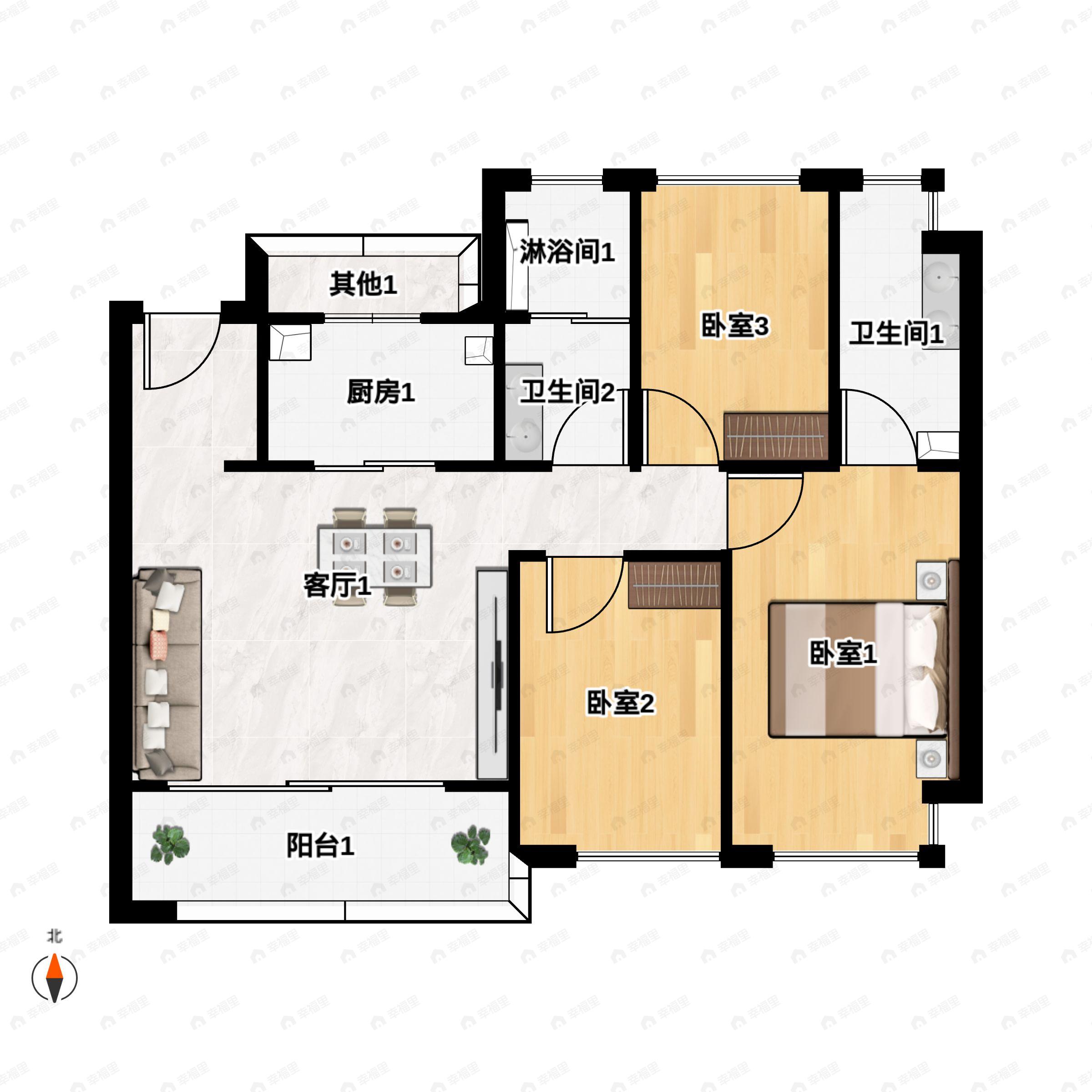 3室2厅2卫建面104平户型图