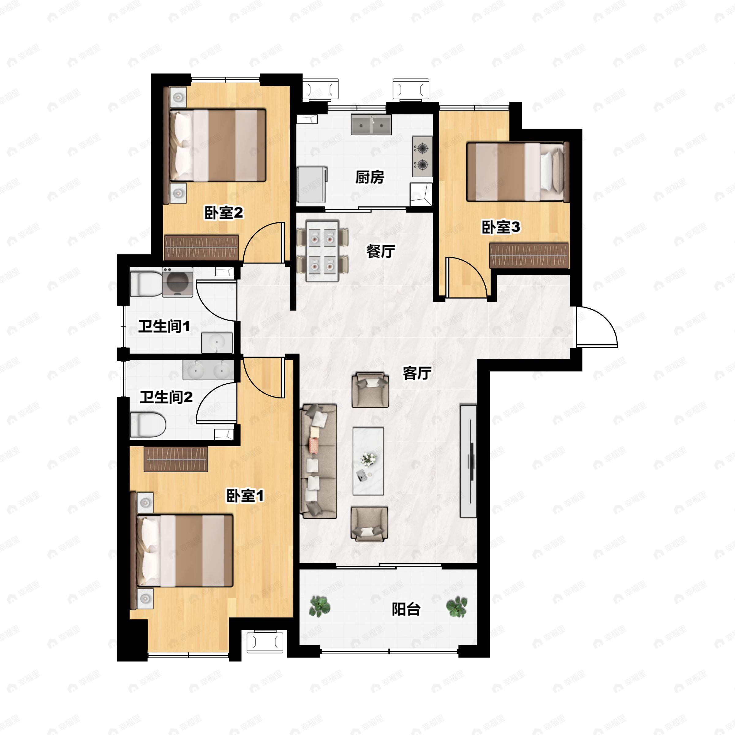 3室2厅2卫建面125平北|南户型图