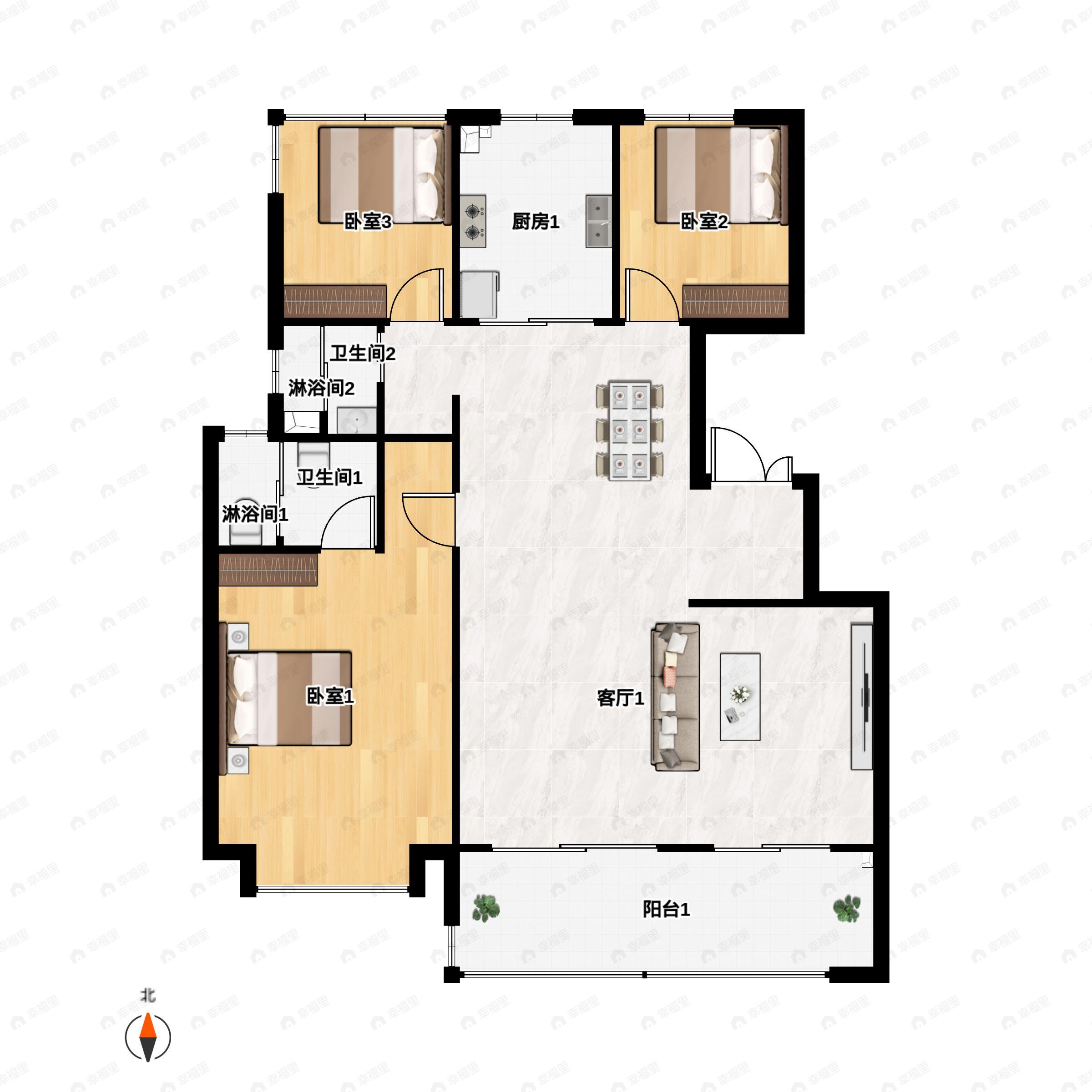 滨投置地璟玺3室2厅2卫户型图
