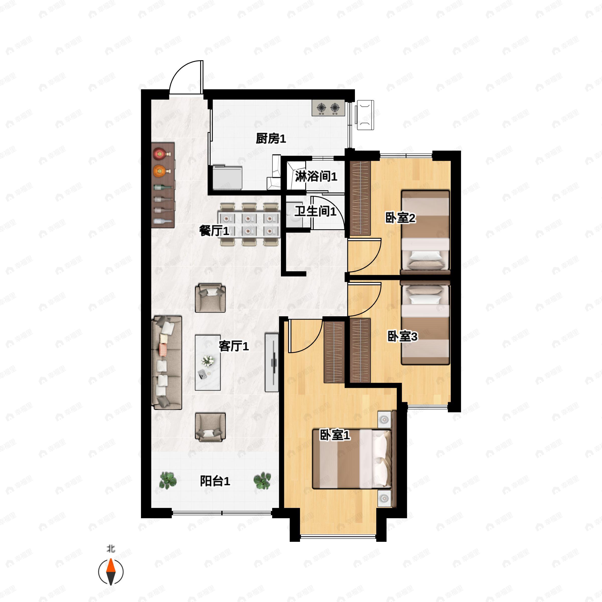3室2厅1卫建面102m²南|北户型图
