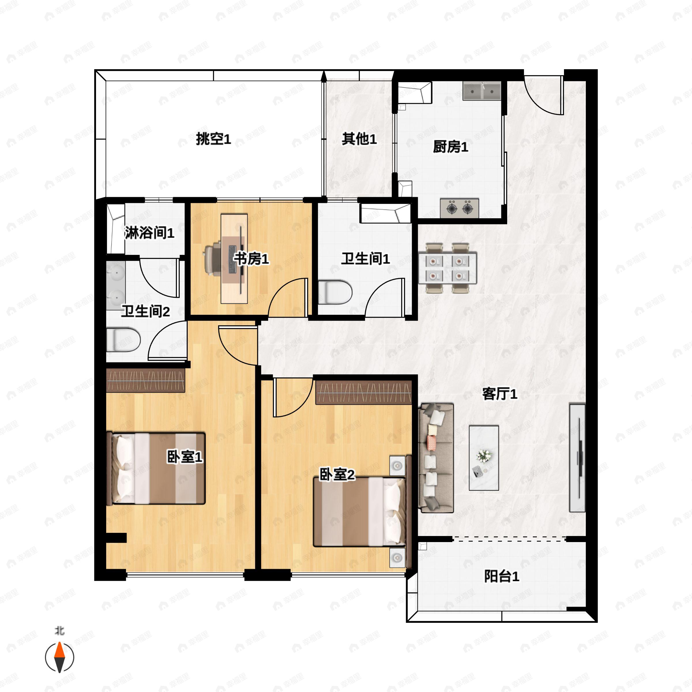 3室2厅2卫建面108平户型图