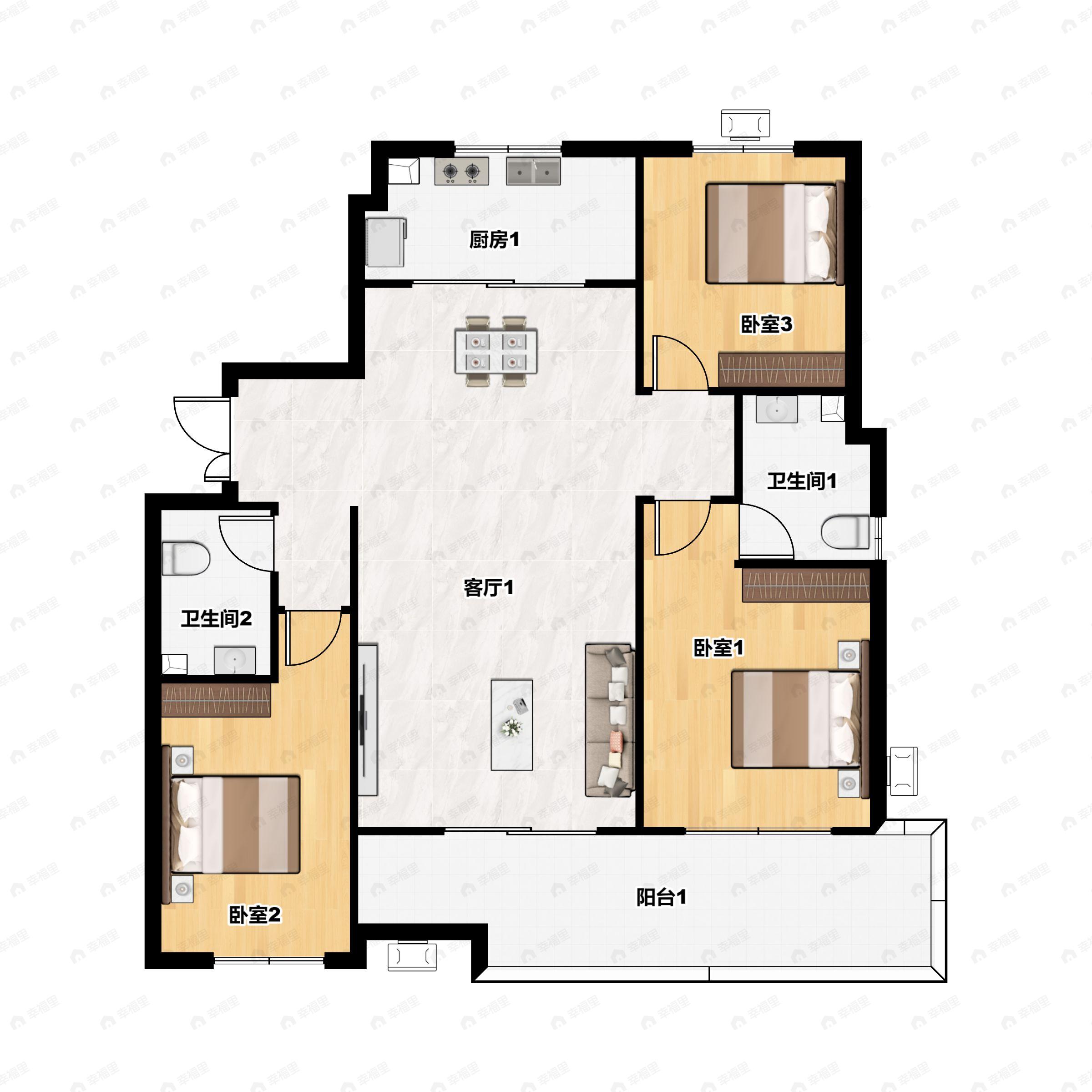 3室2厅2卫建面132m²南户型图