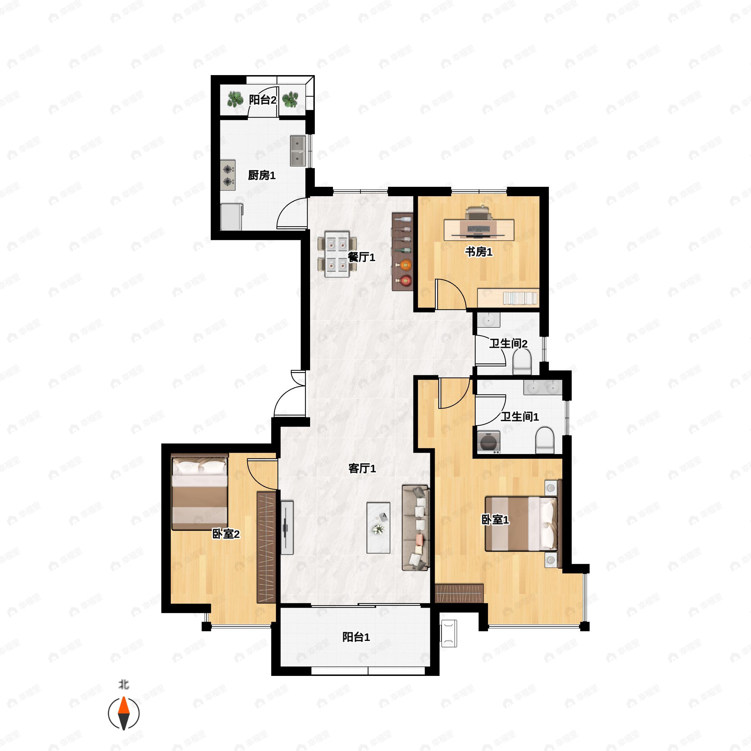 3室2厅2卫建面144m²南|东|北户型图
